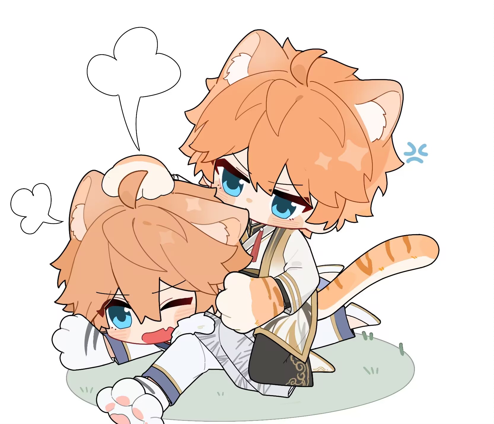 akehoshi subaru, ensemble stars!, highres, 1boy, ahoge, anger vein, animal ears, animal hands, blue eyes, blush stickers, cat ears, cat paws, cat tail, chibi, chibi only, fang, furrowed brow, hair between eyes, hand on another's head, lying, multiple views, on stomach, one eye closed, open mouth, orange hair, short hair, simple background, tail, white background, yyq1919