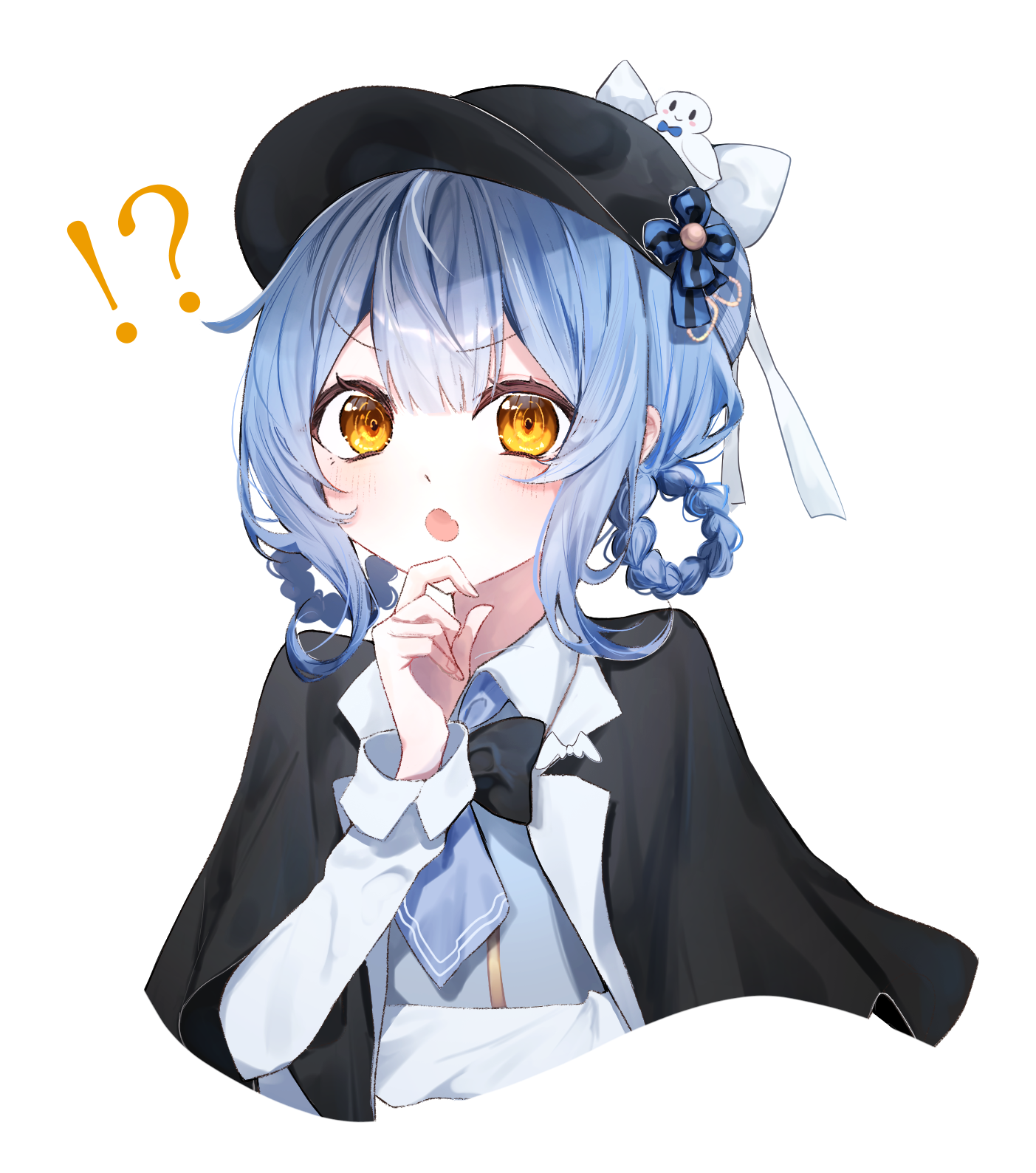 tachibana sherry, mahou shoujo no majo saiban, commentary request, highres, !?, 1girl, :o, black bow, black capelet, black hat, blue hair, blue necktie, bow, braid, braided hair rings, capelet, collared shirt, cropped torso, detective, hair rings, hand on own chin, hand up, hat, long sleeves, looking at viewer, magical girl, necktie, open mouth, rimu (rimu 512), shirt, short hair, simple background, solo, upper body, white background, white shirt, yellow eyes