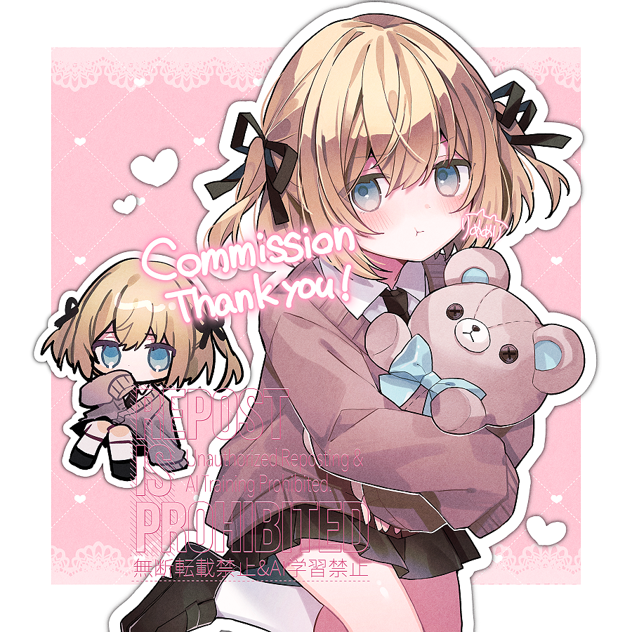 eringikinono, original, commentary request, commission, skeb commission, 1girl, :t, black bow, black necktie, black shoes, black skirt, blonde hair, blue eyes, blush, border, bow, brown cardigan, cardigan, chibi, chibi inset, collared shirt, foot out of frame, hair bow, heart, holding, holding stuffed toy, loafers, looking at viewer, multiple views, necktie, outline, pink background, shirt, shoes, signature, simple background, skirt, socks, stuffed animal, stuffed toy, teddy bear, two side up, watermark, white border, white shirt, white socks