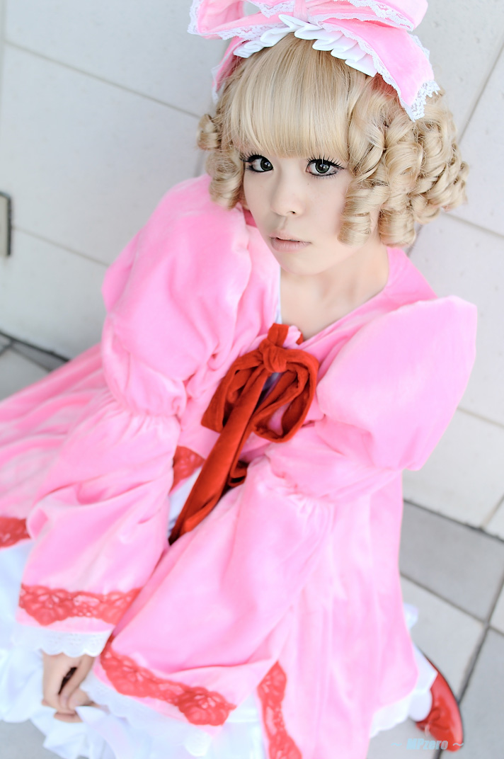 katakura rin, hinaichigo, rozen maiden, photo (medium), babydoll, blonde hair, bloomers, bow, cosplay, hair bow, ribbon, underwear