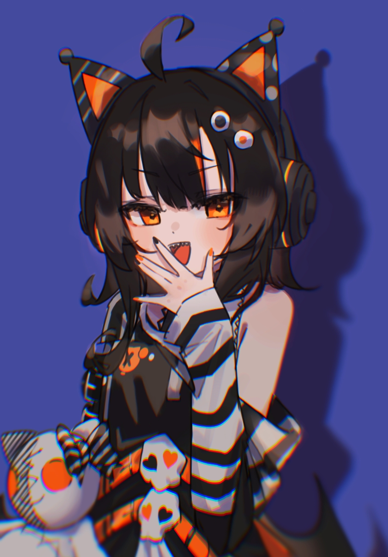 toliet (rpns3544), mahou shoujo no majo saiban, commentary request, 1girl, :d, ahoge, animal ear headphones, animal ears, black hair, blue background, cat ear headphones, chromatic aberration, fake animal ears, hand up, headphones, heavy chromatic aberration, long sleeves, looking at viewer, magical girl, multicolored hair, open mouth, orange eyes, orange nails, orange streaks, sawatari koko, shadow, sharp teeth, short hair, skull, smile, solo, stuffed animal, stuffed cat, stuffed toy, teeth, upper body