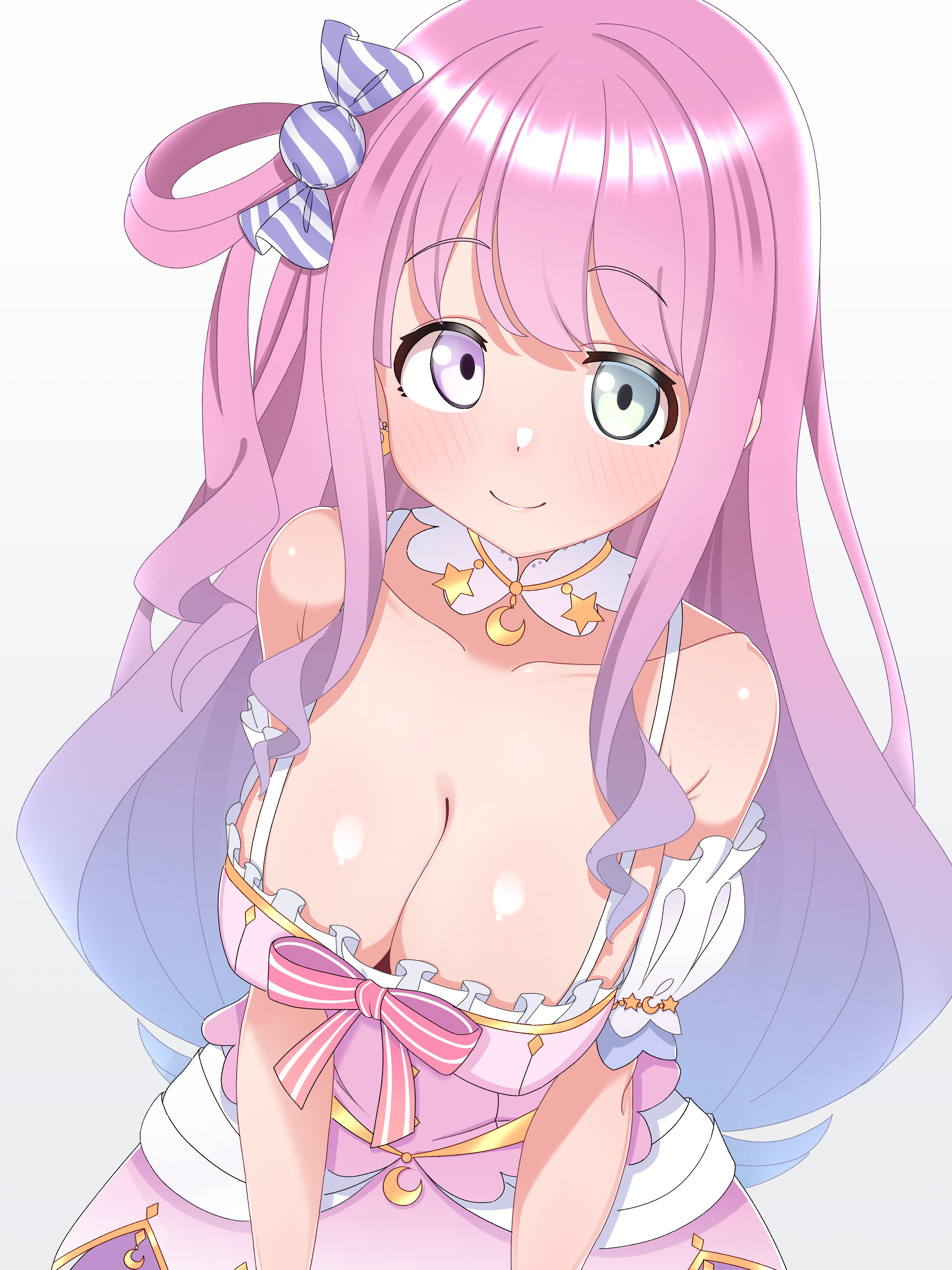 mingkozus, himemori luna, himemori luna (1st costume), hololive, absurdres, commentary, highres, 1girl, alternate breast size (larger), bare shoulders, blush, breasts, candy hair ornament, cleavage, closed mouth, collarbone, crescent, crescent earrings, crescent necklace, curly hair, dated commentary, detached collar, detached sleeves, dress, earrings, food-themed hair ornament, frilled dress, frills, from above, gradient hair, green eyes, hair ornament, hair rings, heterochromia, jewelry, large breasts, layered dress, long hair, long sidelocks, looking at viewer, multicolored hair, necklace, no crown, no headwear, one side up, pink dress, pink hair, pink ribbon, princess, puffy short sleeves, puffy sleeves, purple eyes, purple hair, ribbon, shiny skin, short sleeves, sidelocks, simple background, single hair ring, sleeveless, sleeveless dress, smile, solo, spaghetti strap, star (symbol), upper body, virtual youtuber, wavy hair, white background