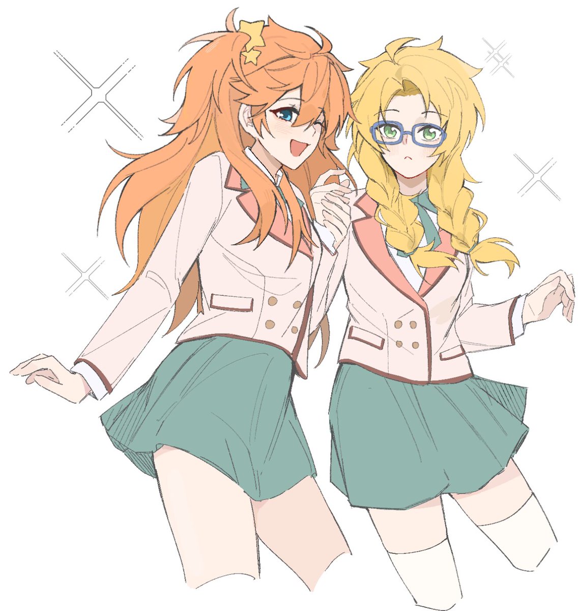 akehoshi subaru, yuuki makoto (ensemble stars!), ensemble stars!, highres, 2girls, ahoge, blazer, blonde hair, blue-framed eyewear, blue eyes, braid, brown jacket, cropped legs, genderswap, genderswap (mtf), green eyes, green skirt, hair between eyes, hair ornament, half updo, hand grab, jacket, long hair, long sleeves, looking at viewer, multiple girls, one eye closed, open mouth, orange hair, parted lips, school uniform, simple background, skirt, smile, star (symbol), star hair ornament, twin braids, white background, yyq1919