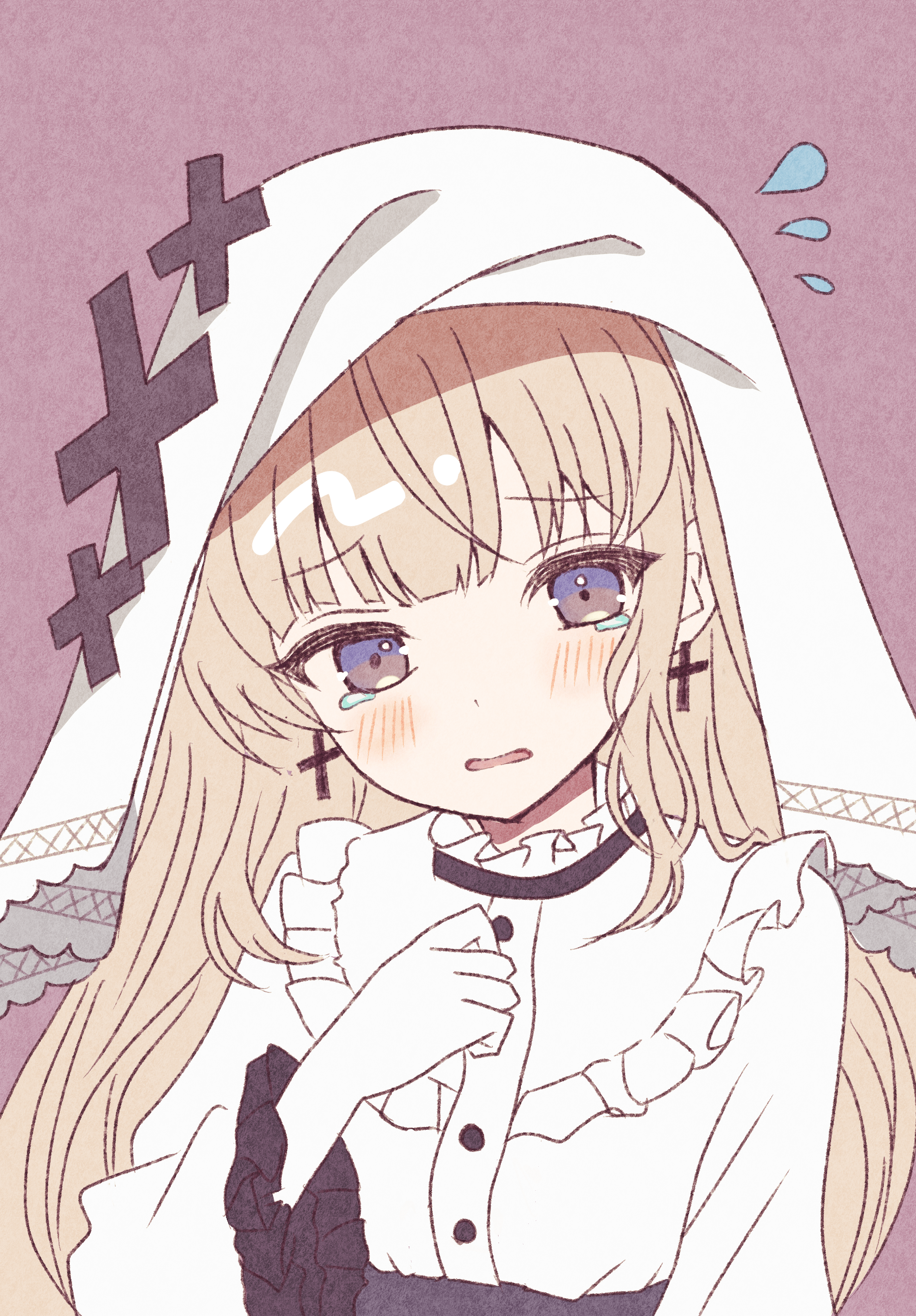 yua 666666, hikami meruru, mahou shoujo no majo saiban, absurdres, commentary request, highres, 1girl, blonde hair, blush, cross, cross earrings, crossed bangs, earrings, flustered, flying sweatdrops, gloves, hime cut, jewelry, long hair, long sleeves, looking at viewer, magical girl, open mouth, priestess, purple eyes, shirt, simple background, solo, tearing up, upper body, veil, white gloves, white shirt, white veil