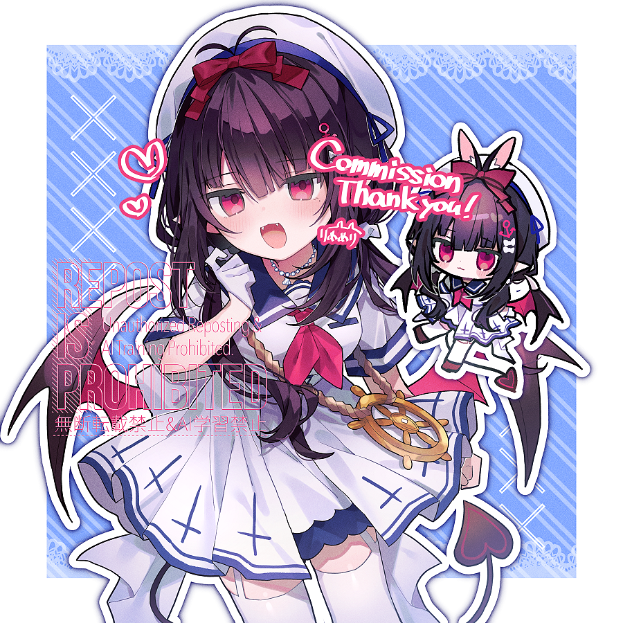 eringikinono, indie virtual youtuber, commentary request, commission, skeb commission, 1girl, ahoge, black hair, blue background, border, bow, breasts, chibi, chibi inset, cowboy shot, demon girl, demon tail, demon wings, diagonal-striped background, dress, fangs, hat, heart, jewelry, kirisaki toka, long hair, looking at viewer, medium breasts, neckerchief, necklace, outline, pink eyes, pink neckerchief, pointy ears, red bow, red eyes, ship's wheel, simple background, striped background, tail, thighhighs, virtual youtuber, white background, white dress, white hat, white thighhighs, wings