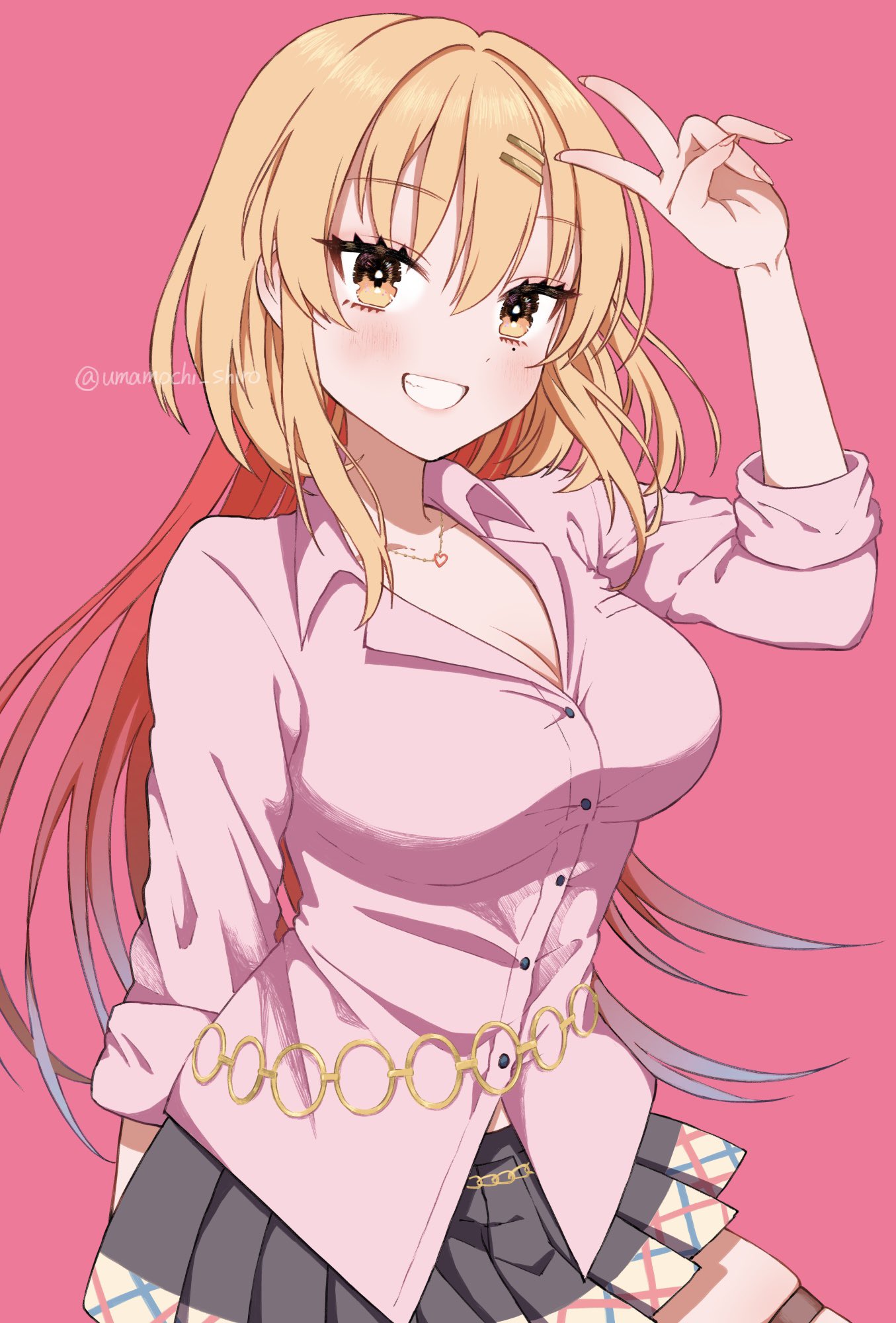 umamochi shiro, katagiri nanase, nukigee mitai na shima ni sunderu watashi wa dou surya ii desu ka?, commentary, highres, 1girl, :d, arm behind back, black skirt, blonde hair, blush, breasts, cleavage, collared shirt, cowboy shot, eyelashes, fingernails, floating hair, grin, hair between eyes, hair ornament, hairclip, hand up, happy, heart, heart necklace, jewelry, large breasts, long fingernails, long hair, long sleeves, looking at viewer, miniskirt, necklace, open mouth, orange eyes, parallel hairclips, pink background, pink shirt, pleated skirt, shirt, sidelocks, simple background, skindentation, skirt, sleeves rolled up, smile, solo, straight hair, thigh strap, tsurime, twitter username, v, v over head, very long hair
