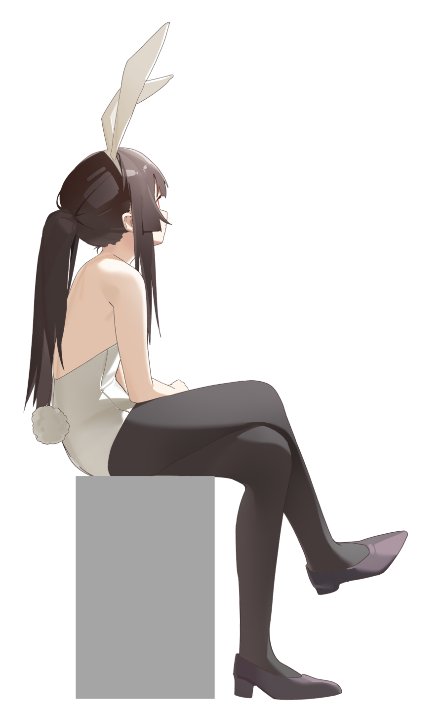 keibi inu, matsumoto rise, yuruyuri, highres, 1girl, animal ear hairband, animal ears, bare arms, bare back, bare shoulders, black pantyhose, block heels, crossed legs, fake animal ears, fake tail, from side, full body, grey shoes, hairband, high heels, leotard, long hair, looking up, low ponytail, pantyhose, playboy bunny, ponytail, rabbit ear hairband, rabbit ears, rabbit tail, red eyes, shoes, sidelocks, simple background, sitting, solo, strapless, strapless leotard, tail, white background, white leotard