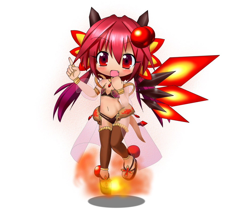 misaku (neko5656), salamander alma, emil chronicle online, puzzle & dragons, 1girl, bikini, black bikini, breasts, brown thighhighs, chibi, fairy wings, fang, fire, gem, gold wrist cuffs, hair ornament, horns, low twintails, navel, open mouth, red eyes, red hair, red wings, sandals, see-through clothes, see-through skirt, see-through sleeves, skirt, small breasts, solo, sphere hair ornament, strapless, swimsuit, thighhighs, tube top, twintails, white background, wings