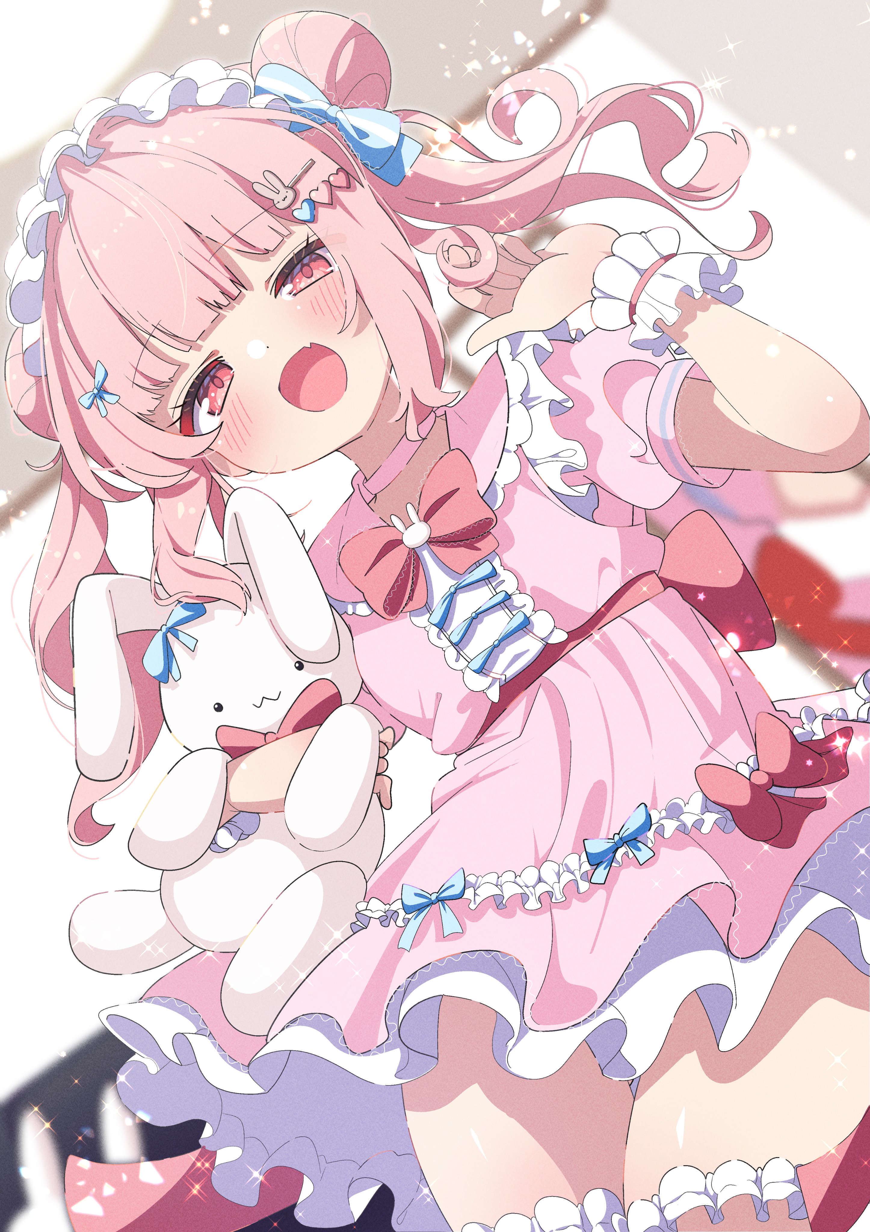shiro9jira, original, absurdres, highres, 1girl, blunt bangs, blush, bow, choker, dress, fang, frills, hair bow, hair ornament, holding, holding stuffed toy, looking at viewer, open mouth, pink choker, pink dress, pink eyes, pink hair, rabbit hair ornament, short sleeves, skin fang, smile, solo, stuffed animal, stuffed rabbit, stuffed toy, twintails, virtual youtuber, wrist cuffs