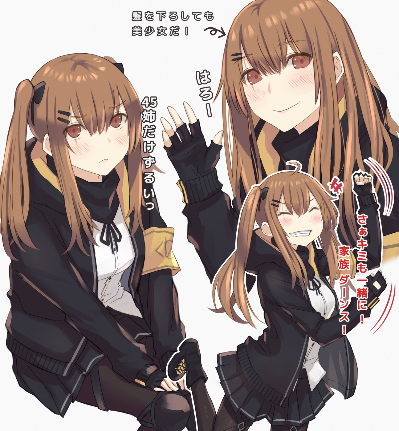 asakiri koko, ump9 (girls' frontline), girls' frontline, commentary request, highres, translation request, 1girl, 404 logo (girls' frontline), ^ ^, ahoge, alternate hairstyle, armband, bandana, bandana around neck, black bandana, black boots, black bow, black gloves, black jacket, black pantyhose, black ribbon, black skirt, blush, boots, bow, breasts, brown hair, closed eyes, dancing, dress shirt, feet out of frame, fingerless gloves, gloves, hair between eyes, hair bow, hair down, hair ornament, hairclip, hood, hood down, hooded jacket, jacket, knee pads, long hair, long sleeves, looking at viewer, medium breasts, motion lines, multiple views, neck ribbon, open mouth, outline, pantyhose, parallel hairclips, pleated skirt, pout, red eyes, ribbon, scar, scar across eye, scar on face, shirt, sidelocks, simple background, skirt, smile, teeth, thigh strap, twintails, two-sided fabric, two-sided jacket, upper body, waving, white background, white outline, white shirt, yellow armband, yellow jacket