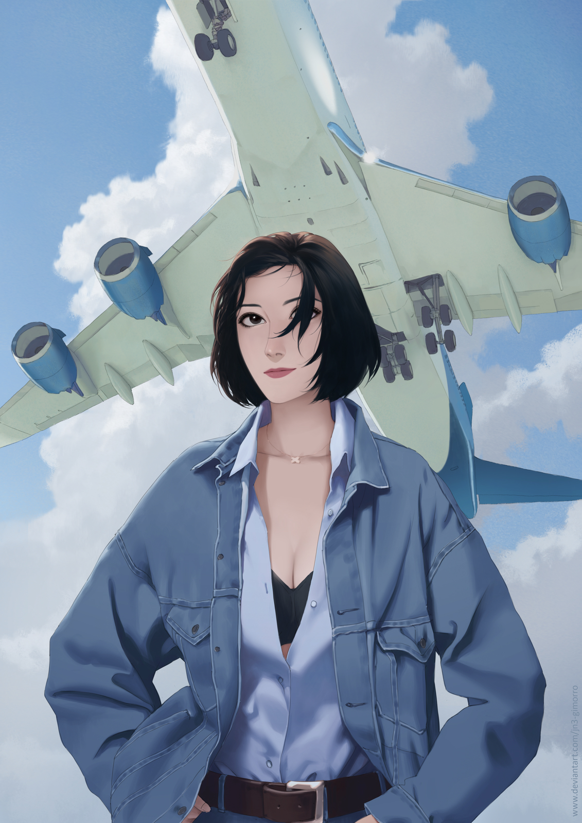 jn3, original, highres, 1girl, aircraft, airplane, belt, black bra, black eyes, blue shirt, blue sky, bob cut, bra, breasts, brown belt, cleavage, cloud, collarbone, collared shirt, denim, denim jacket, hands on own hips, jacket, jeans, jet airliner, jewelry, landing gear, looking at viewer, necklace, open clothes, open jacket, open shirt, pants, partially unbuttoned, shirt, short hair, sky, solo, underwear