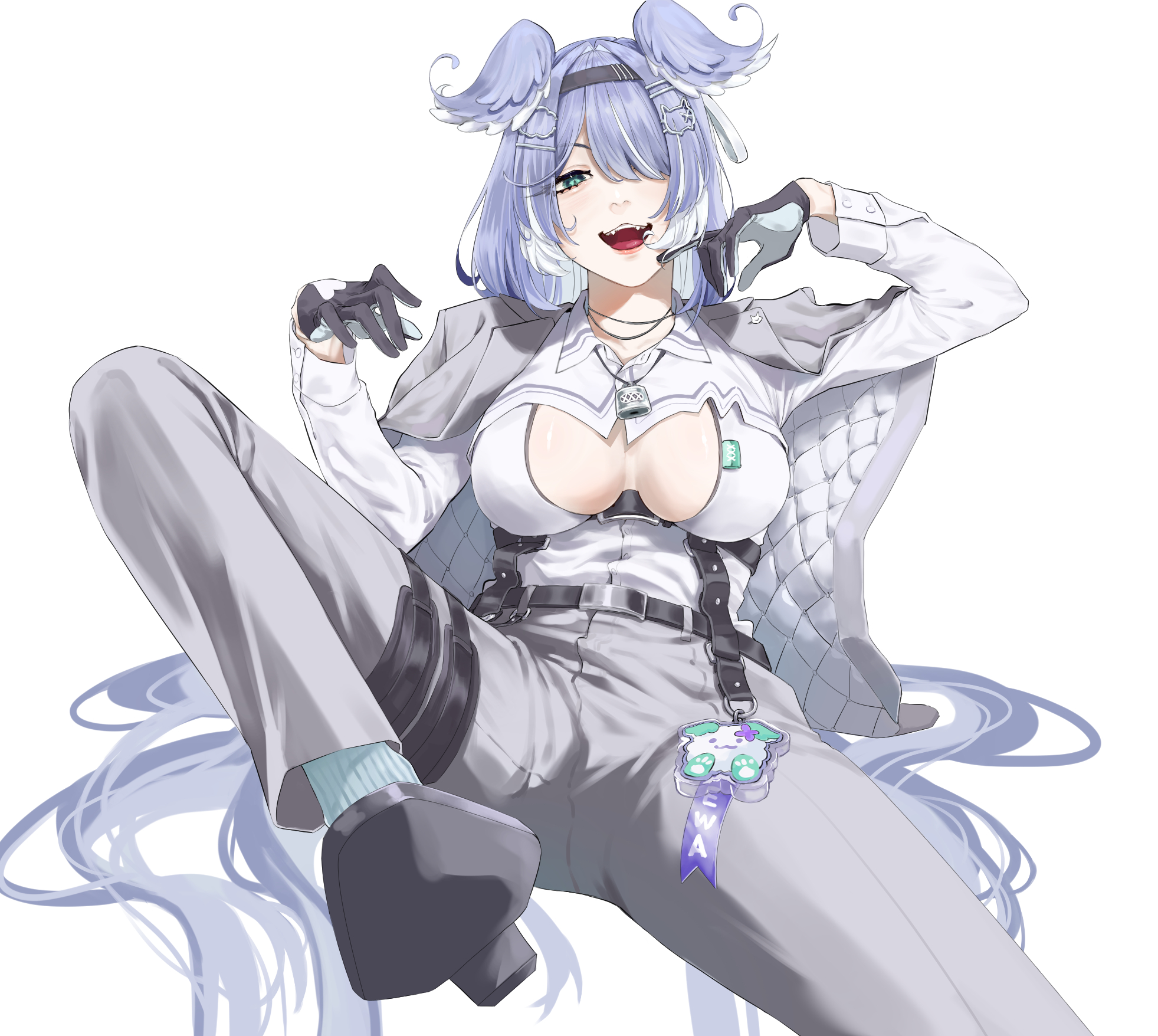 elira pendora, elira pendora (4th costume), weewa (elira pendora), nijisanji, nijisanji en, highres, 1girl, aqua eyes, breasts, character charm, charm (object), cleavage cutout, clothing cutout, d0502m0514, fangs, gloves, hair over one eye, head wings, invisible chair, jacket, jacket on shoulders, large breasts, light blush, lock necklace, long hair, looking at viewer, open mouth, sitting, solo, very long hair, virtual youtuber, wings