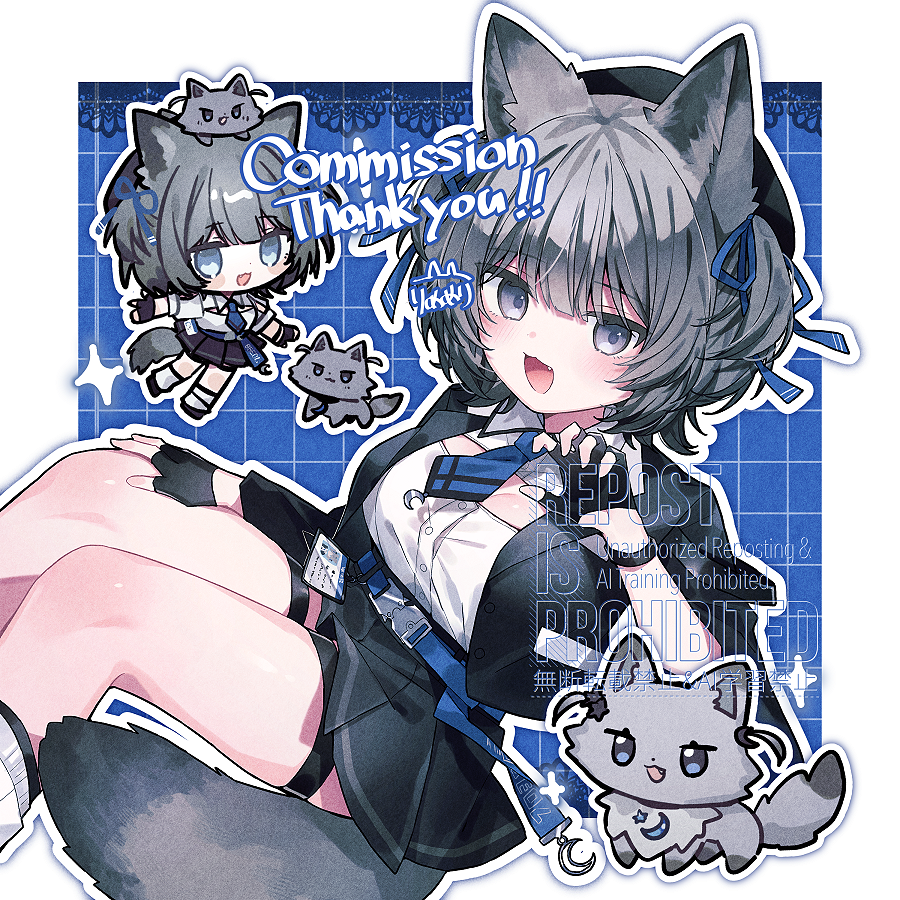 eringikinono, indie virtual youtuber, commentary request, commission, skeb commission, 1girl, animal ears, belt, black gloves, black hat, black skirt, blue background, blue belt, blue bow, blue necktie, border, bow, breasts, chibi, chibi inset, claw pose, cleavage, feet out of frame, fingerless gloves, gloves, grey eyes, grey hair, grid background, hair bow, hat, large breasts, looking at viewer, multiple views, nanao sakuya, necktie, open mouth, outline, shirt, short hair, short necktie, short sleeves, skirt, smile, tail, thigh strap, two side up, virtual youtuber, watermark, white border, white shirt, wolf ears, wolf girl, wolf tail