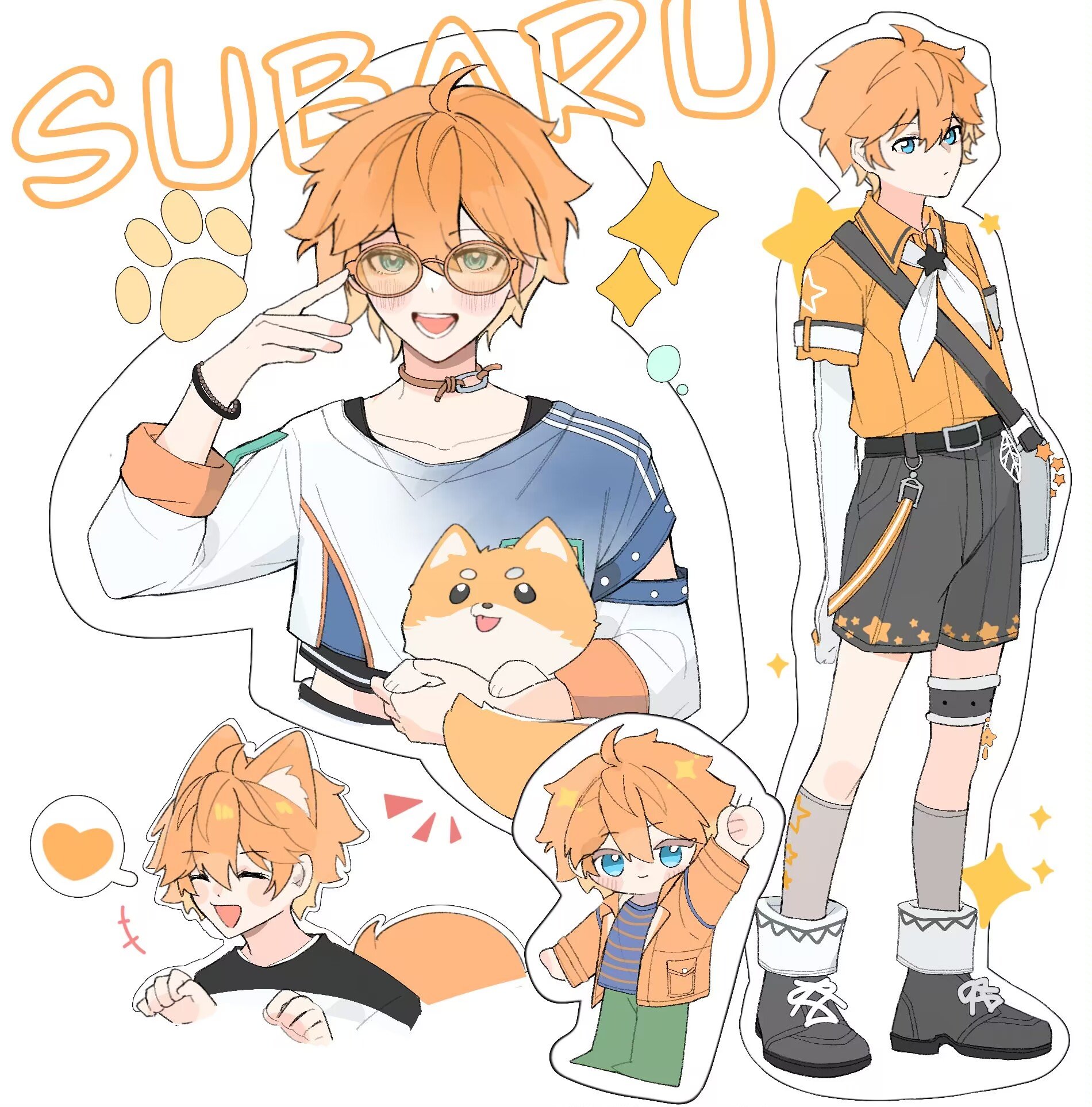 akehoshi subaru, ensemble stars!, highres, 1boy, ahoge, animal, animal ears, arm cutout, black shoes, black shorts, blush, bracelet, character name, chibi, chibi inset, closed mouth, clothing cutout, crossbody bag, dog, full body, glasses, heart, holding, holding animal, holding dog, index finger raised, jacket, jewelry, kneehighs, multiple views, neckerchief, open mouth, orange-tinted eyewear, orange jacket, orange shirt, paw pose, paw print, shirt, shoes, shorts, simple background, smile, socks, spoken heart, tinted eyewear, upper body, white background, white neckerchief, yyq1919