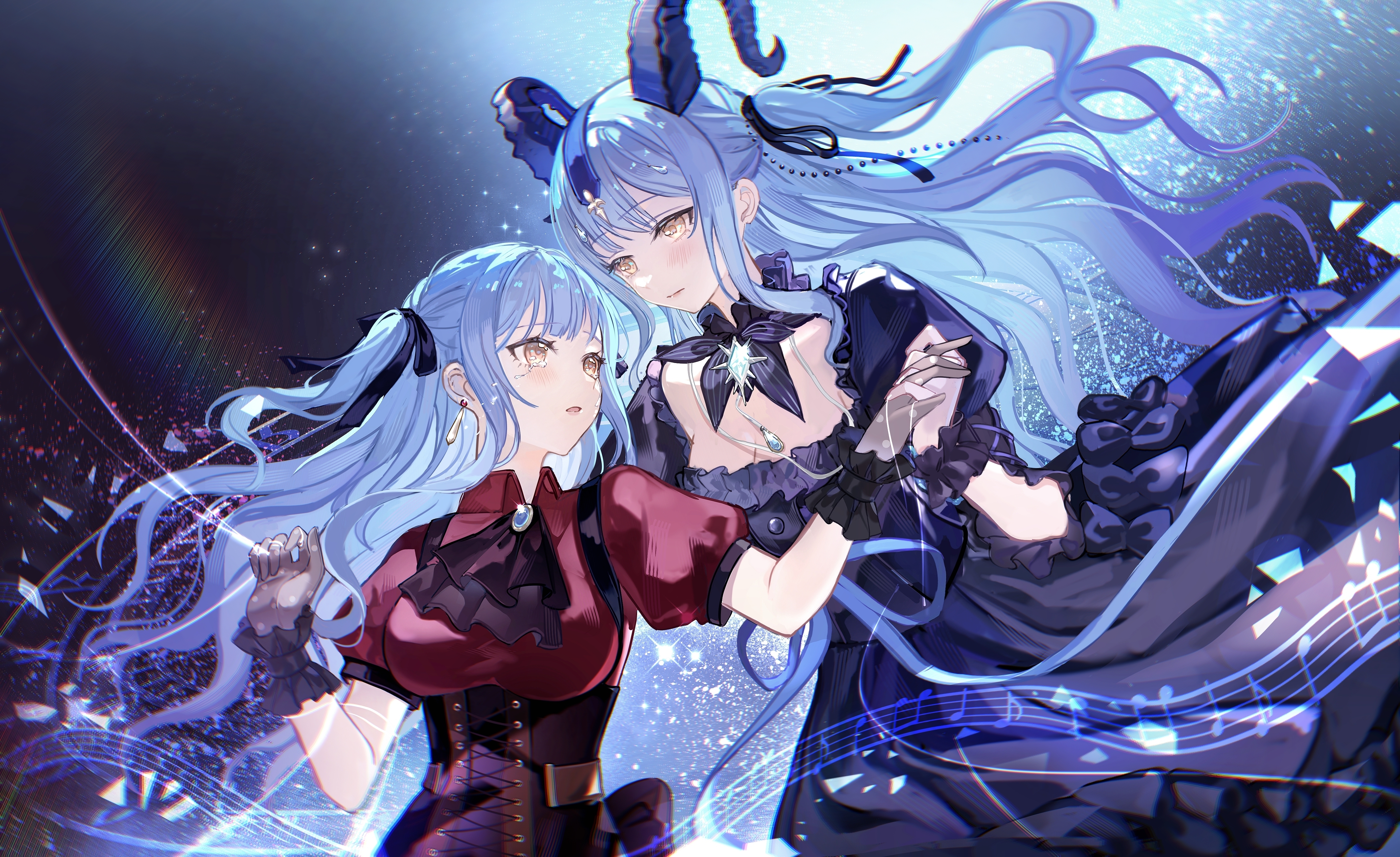 sakura amano, oblivionis (bang dream!), togawa sakiko, arknights, bang dream!, bang dream! it's mygo!!!!!, absurdres, chinese commentary, commentary request, highres, 2girls, ascot, black ascot, black corset, black dress, black gloves, black horns, black ribbon, blue brooch, blue hair, breasts, corset, curled horns, detached collar, dress, dual persona, earrings, floating hair, gloves, hair ribbon, holding hands, horns, jewelry, large breasts, light particles, long hair, looking at another, looking down, looking up, multiple girls, musical staff, open mouth, rainbow, red shirt, ribbon, shirt, sidelocks, smile, togawa sakiko (master of melodia), two side up, yellow eyes