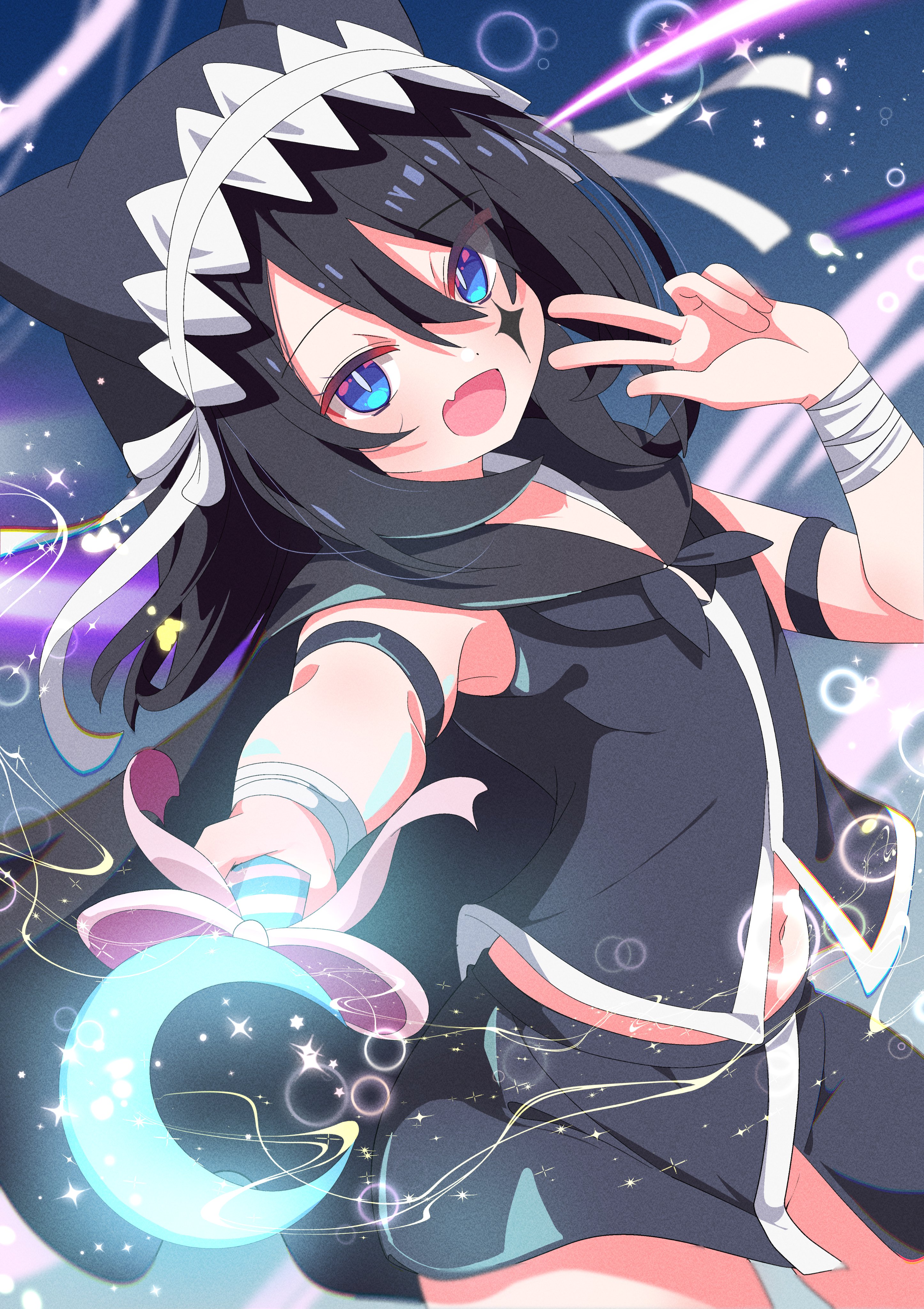 shiro9jira, original, absurdres, commission, highres, skeb commission, 1girl, :d, animal ears, bandaged arm, bandages, black cape, black hair, black pants, black shirt, blue eyes, cape, facial mark, fang, hair between eyes, hand up, holding, holding wand, hood, long hair, looking at viewer, navel, open mouth, outstretched arm, pants, shirt, sleeveless, sleeveless shirt, smile, solo, v, wand