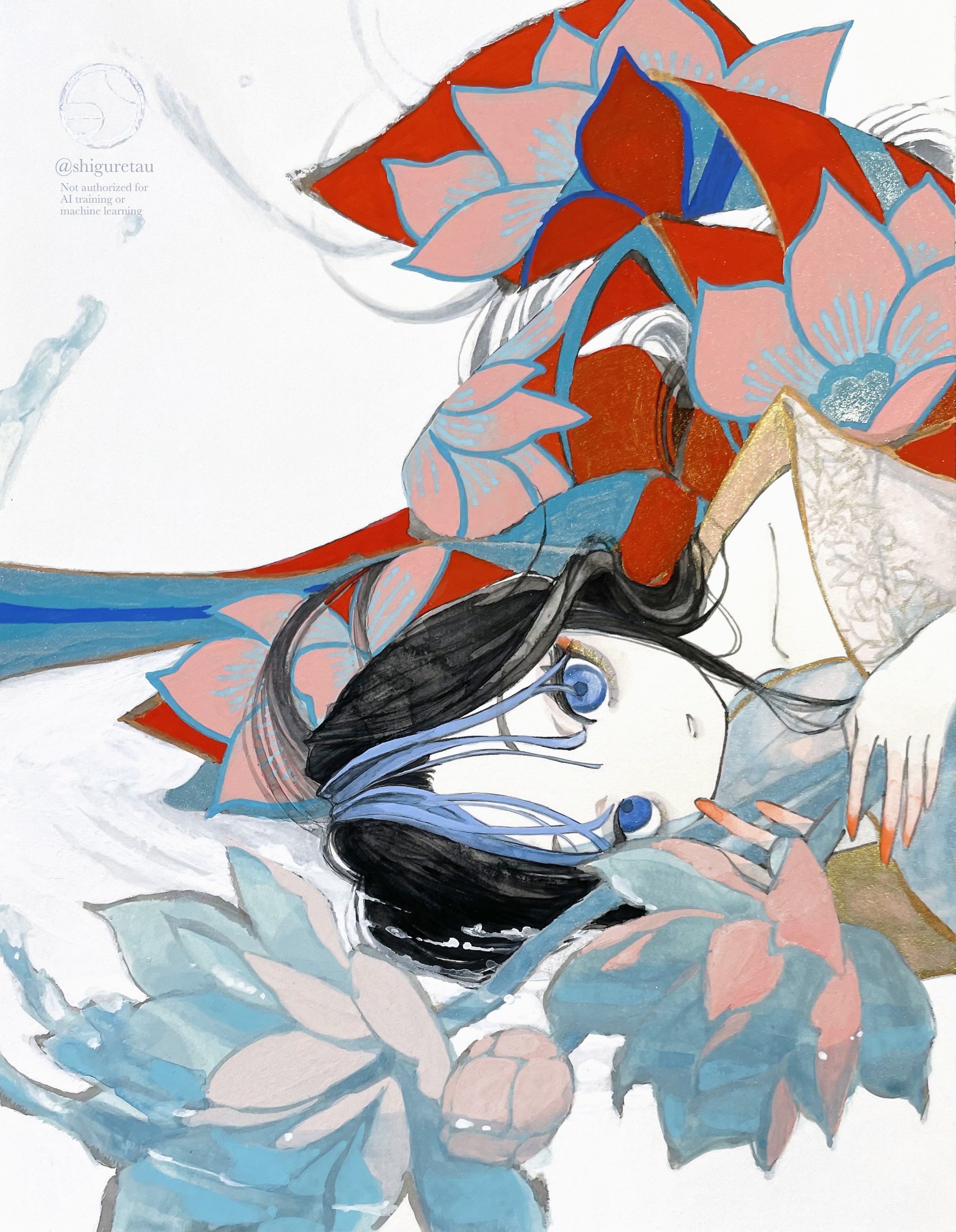 shiguretau, original, absurdres, highres, 1girl, bare shoulders, black hair, blue eyes, blue hair, collarbone, colored skin, eyelashes, eyeliner, eyeshadow, floral print, flower, holding, holding flower, japanese clothes, kimono, kimono pull, looking at viewer, lotus, makeup, multicolored hair, parted lips, print kimono, red eyeliner, red nails, solo, two-tone hair, white skin, yellow eyeshadow