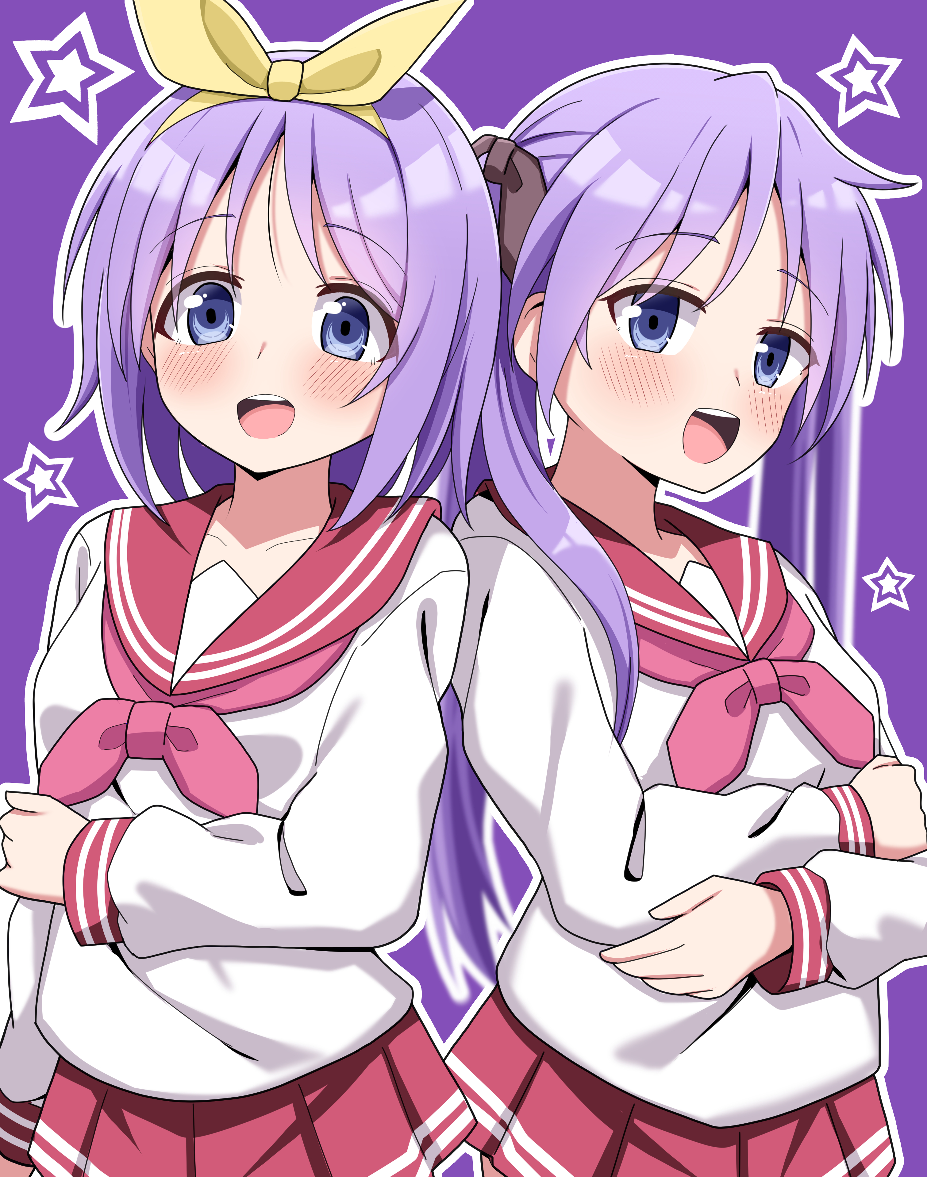 hosinonana, hiiragi kagami, hiiragi tsukasa, lucky star, absurdres, highres, 2girls, :d, birthday, black bow, blue eyes, blush, bow, breasts, hair bow, hair ribbon, long hair, multiple girls, neckerchief, open mouth, pink neckerchief, pleated skirt, purple background, purple hair, red sailor collar, red skirt, red sleeve cuffs, ribbon, ryouou school uniform, sailor collar, school uniform, short hair, siblings, sisters, skirt, smile, star (symbol), striped sleeve cuffs, twins, twintails, yellow ribbon