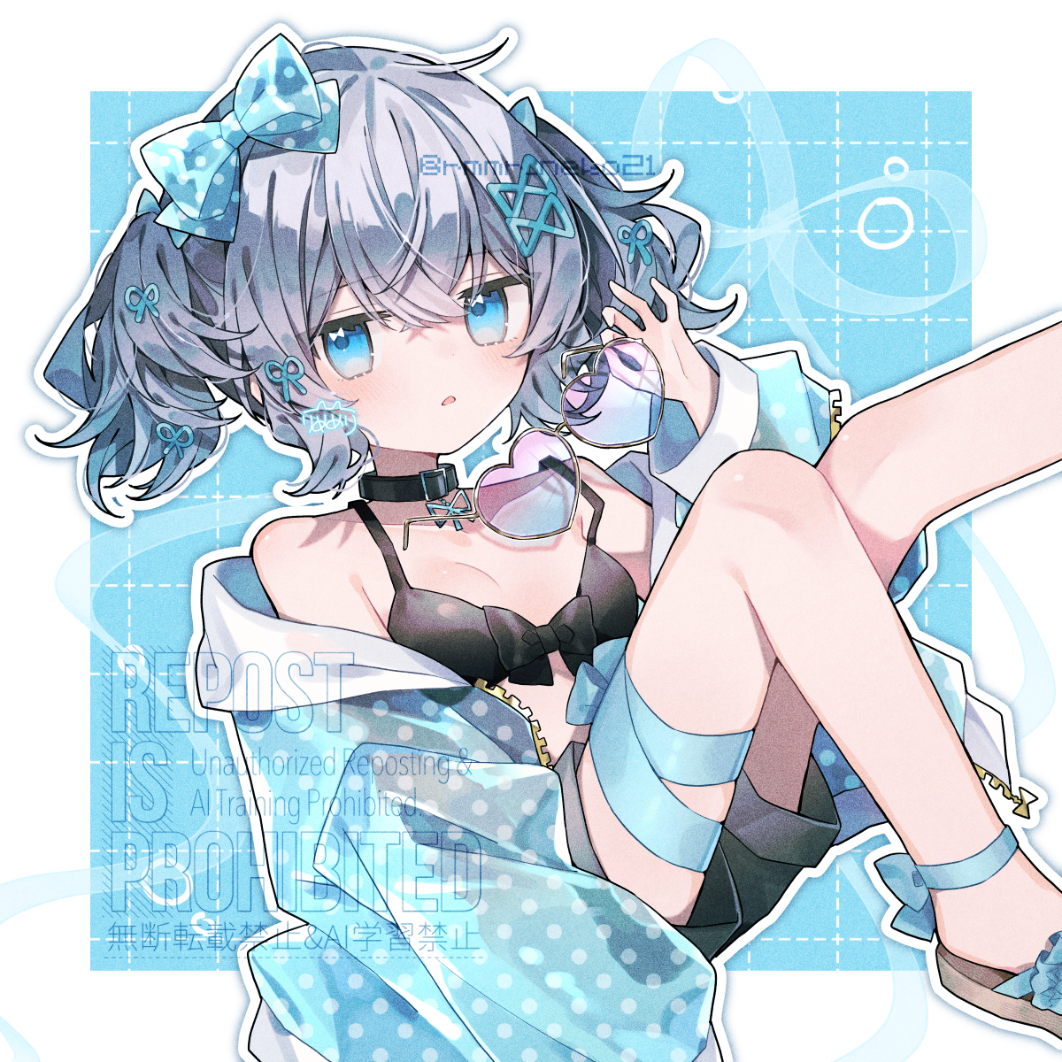 eringikinono, original, commentary, highres, 1girl, bikini, bikini top only, black bikini, black choker, black shorts, blue-tinted eyewear, blue background, blue bow, blue eyes, blue jacket, blue ribbon, border, bow, breasts, choker, foot out of frame, gradient eyes, grey hair, grid background, holding, holding removed eyewear, jacket, leg ribbon, looking at viewer, multicolored eyes, outline, parted lips, pink-tinted eyewear, polka dot, polka dot bow, polka dot jacket, ribbon, sandals, short twintails, shorts, simple background, small breasts, sunglasses, swimsuit, thigh ribbon, tinted eyewear, twintails, unworn eyewear, watermark, white border