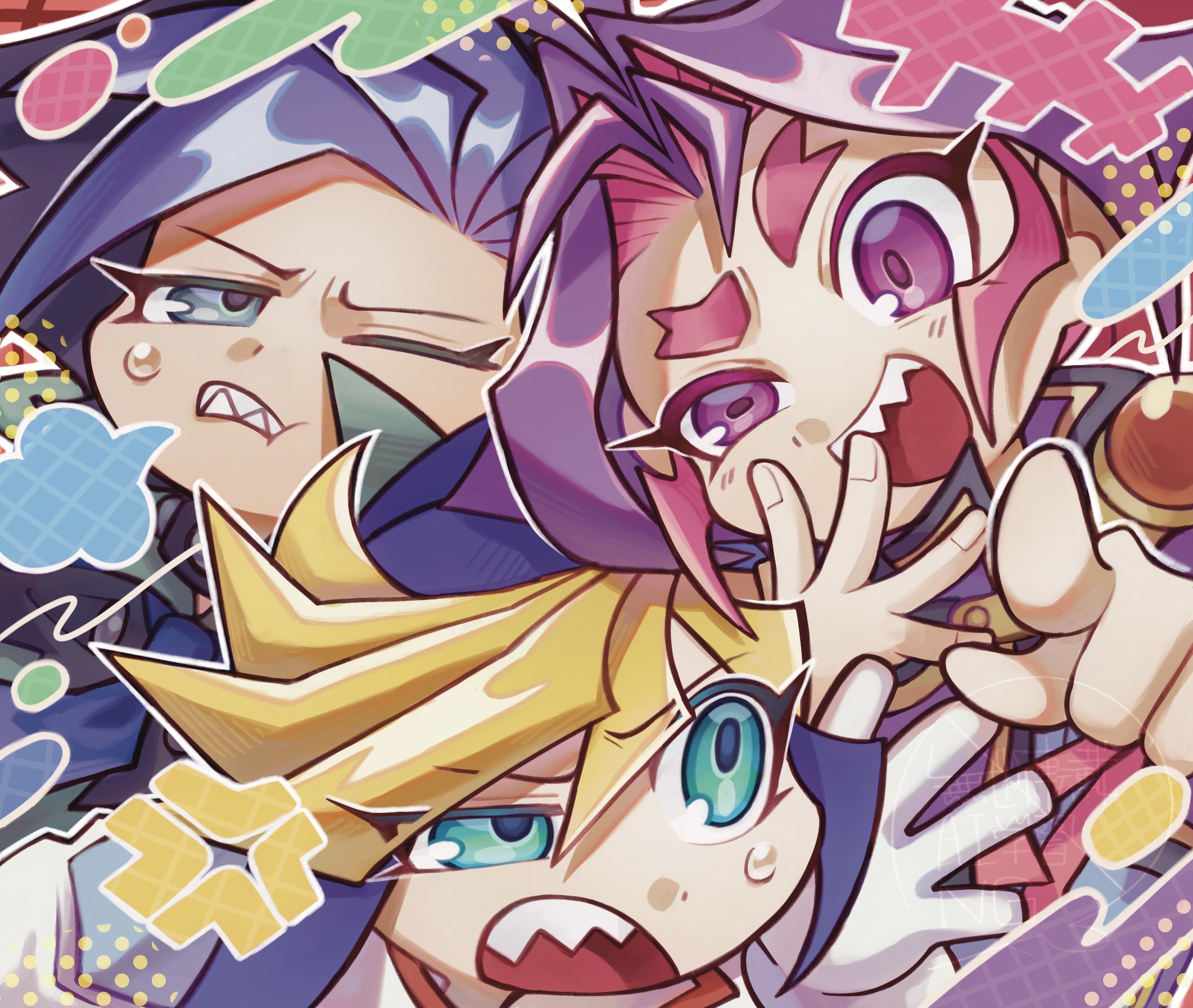 su pa taco, hugo (yu-gi-oh!), joeri (yu-gi-oh!), ute (yu-gi-oh!), yu-gi-oh!, yu-gi-oh! arc-v, highres, 3boys, black hair, blonde hair, blue eyes, blue hair, chibi, grey eyes, group picture, male focus, medium hair, multicolored hair, multiple boys, pointing, pointing at viewer, purple eyes, purple hair, sharp teeth, spiked hair, teeth, two-tone hair