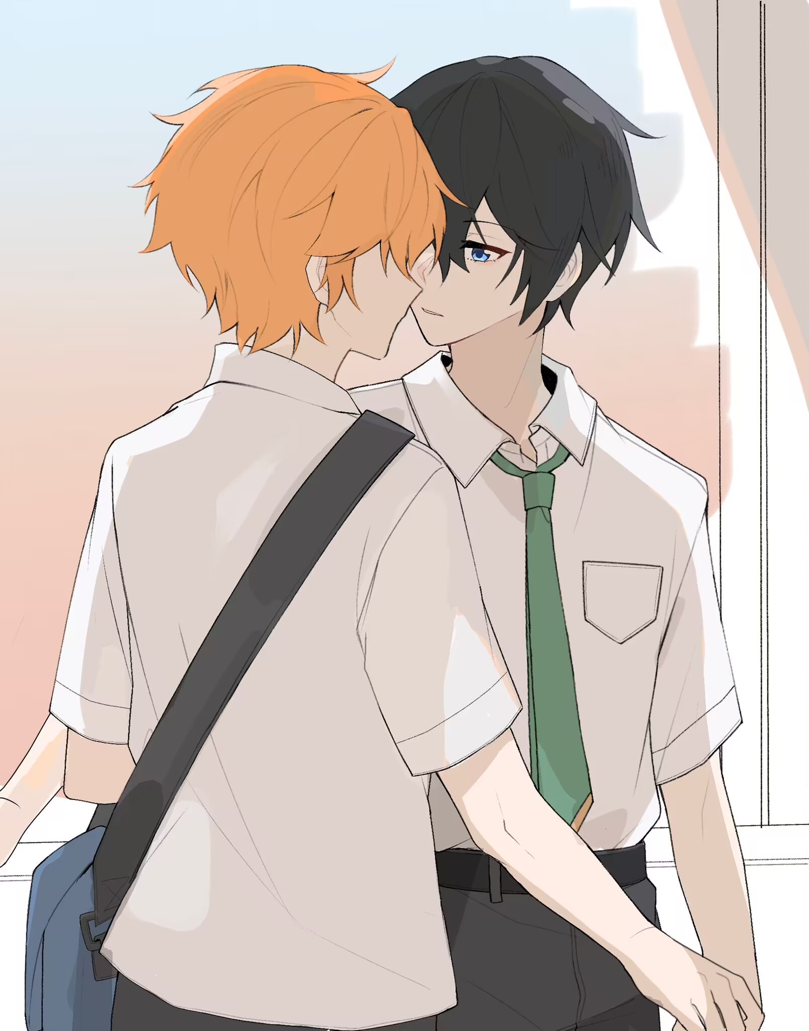 akehoshi subaru, hidaka hokuto, ensemble stars!, highres, 2boys, belt, black belt, black hair, black pants, blue eyes, crossbody bag, facing another, facing away, green necktie, hair between eyes, looking at another, male focus, multiple boys, necktie, orange hair, pants, parted lips, school uniform, shirt, shirt tucked in, short hair, short sleeves, white shirt, yaoi, yumenosaki school uniform (summer), yyq1919