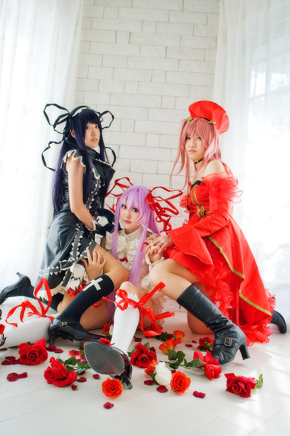 rou (cosplayer), saya (cosplayer), tsugihagi mishin, al azif (demonbane), another blood, etheldreda, demonbane, highres, photo (medium), boots, cosplay, cuffs, dress, gloves, hair ribbon, kneehighs, lace, petals, purple hair, ribbon, rose petals, socks