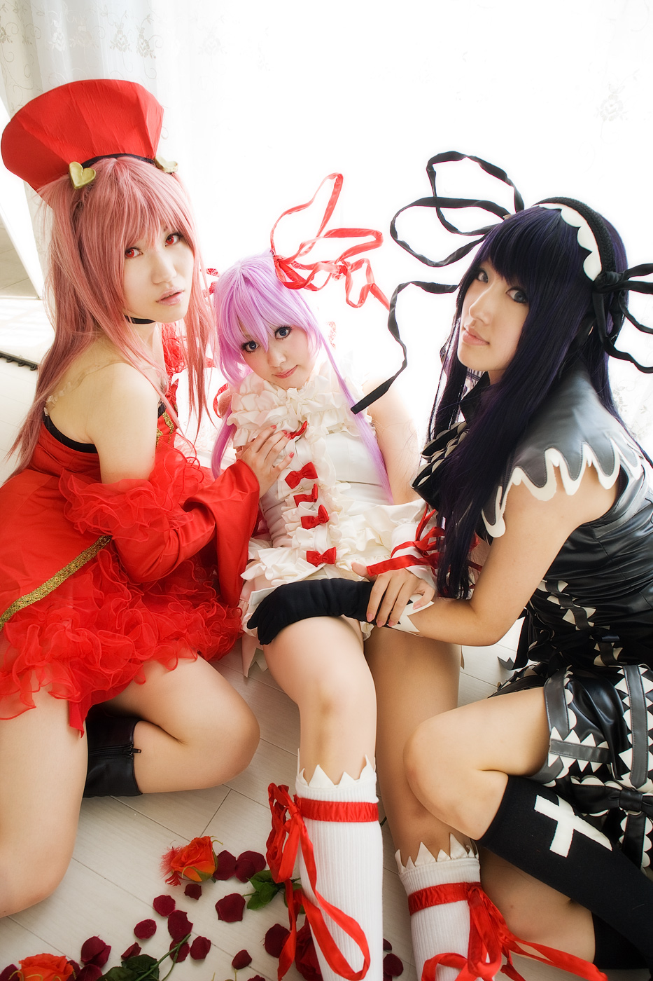 rou (cosplayer), saya (cosplayer), tsugihagi mishin, al azif (demonbane), another blood, etheldreda, demonbane, highres, photo (medium), boots, cosplay, cuffs, dress, gloves, hair ribbon, kneehighs, lace, petals, purple hair, ribbon, rose petals, socks