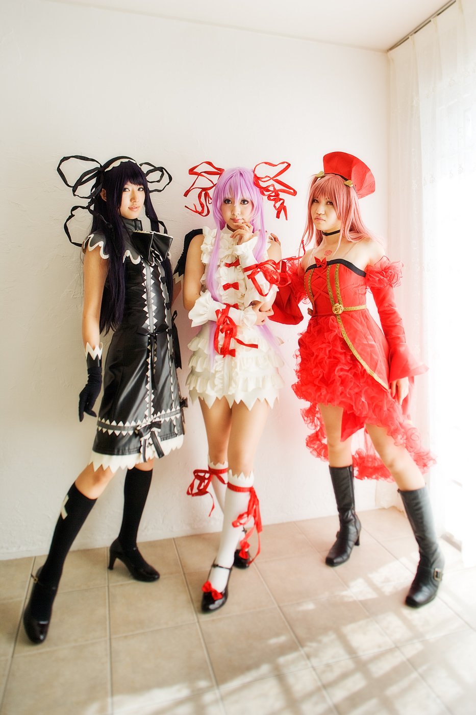 rou (cosplayer), saya (cosplayer), tsugihagi mishin, al azif (demonbane), another blood, etheldreda, demonbane, highres, photo (medium), boots, cosplay, cuffs, dress, gloves, hair ribbon, kneehighs, lace, petals, purple hair, ribbon, rose petals, socks