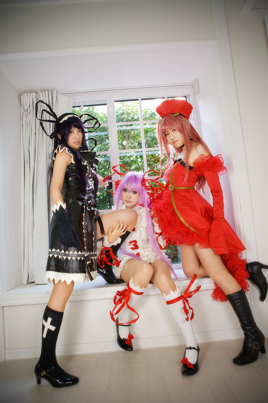 rou (cosplayer), saya (cosplayer), tsugihagi mishin, al azif (demonbane), another blood, etheldreda, demonbane, highres, photo (medium), boots, cosplay, cuffs, dress, gloves, hair ribbon, kneehighs, lace, purple hair, ribbon, socks