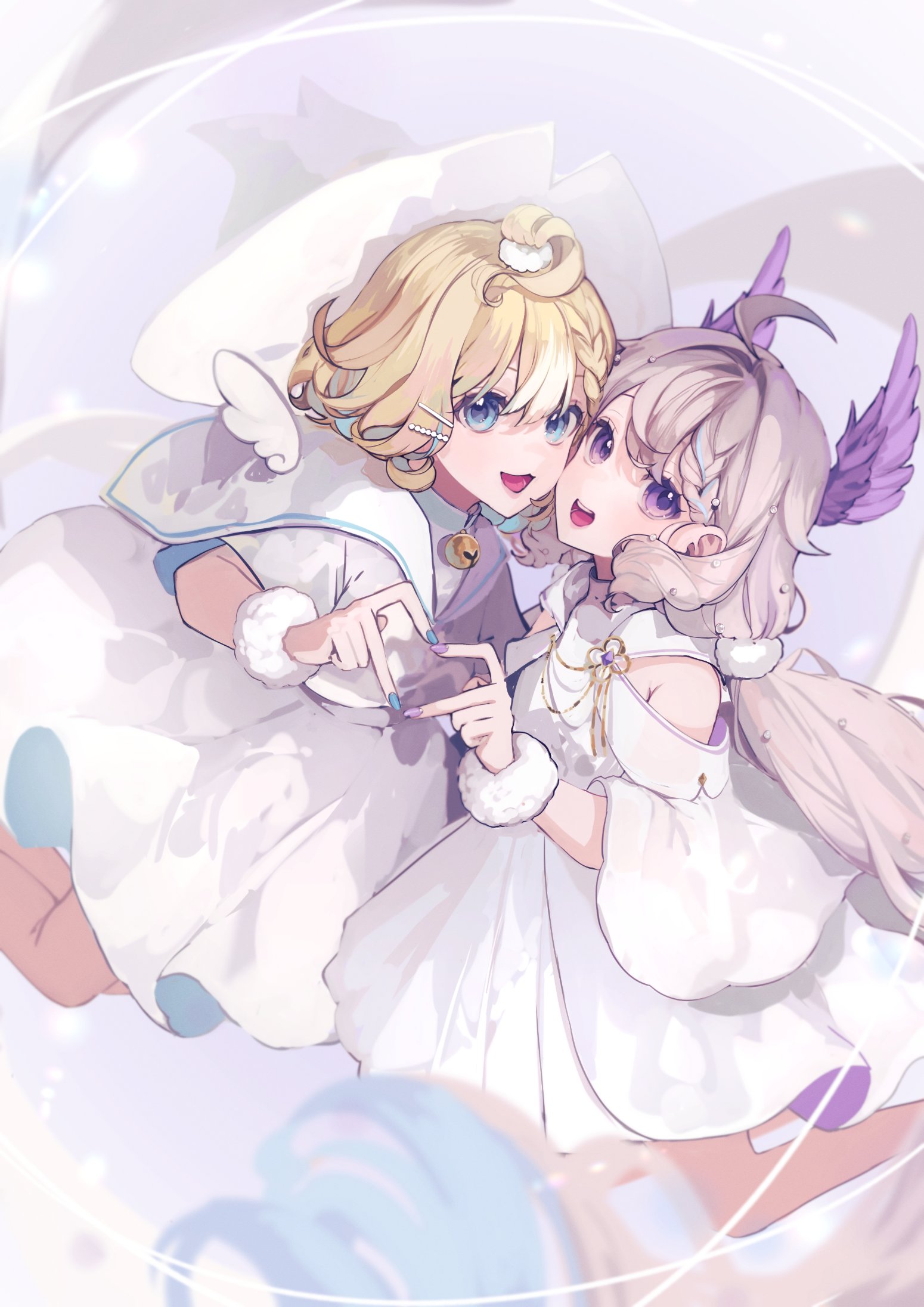 sakai eri (illustratoreri), enna alouette, millie parfait, ethyria, nijisanji, nijisanji en, highres, 2girls, :d, ahoge, aqua eyes, aqua hair, armpit crease, bell, blonde hair, dress, hair between eyes, head wings, heart, heart hands, heart hands duo, jingle bell, long hair, looking at viewer, low twintails, medium hair, mini wings, multicolored hair, multiple girls, neck bell, off-shoulder dress, off shoulder, open mouth, purple eyes, smile, streaked hair, twintails, very long hair, virtual youtuber, white dress, wings
