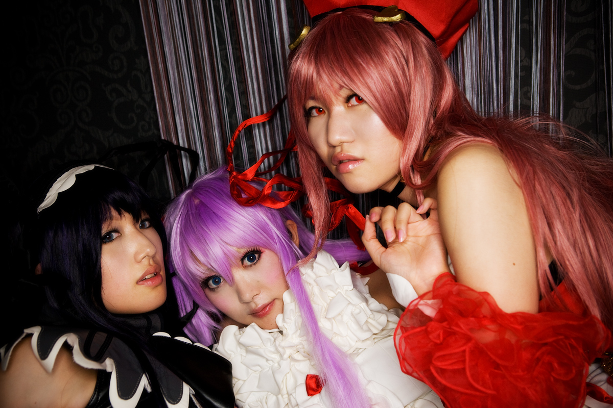 rou (cosplayer), saya (cosplayer), tsugihagi mishin, al azif (demonbane), another blood, etheldreda, demonbane, photo (medium), 3girls, al azif (cosplay), another blood (cosplay), asian, color contacts, cosplay, dress, etheldreda (cosplay), facing viewer, hair ribbon, japanese (nationality), long hair, looking at viewer, multiple girls, pink hair, purple hair, red eyes, red hair, ribbon, upper body