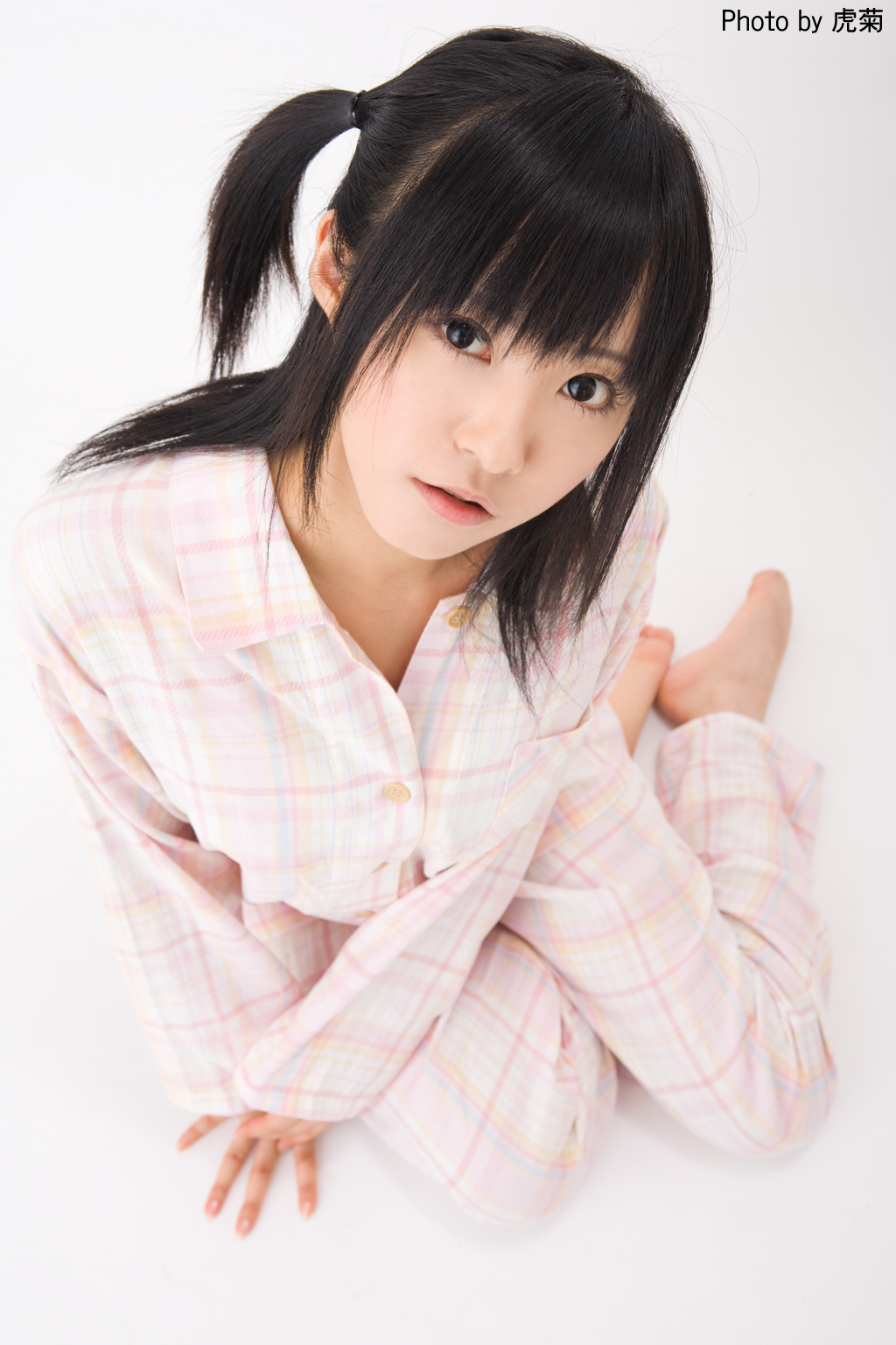 sakura hinoki, highres, photo (medium), tagme, 1girl, asian, black hair, female focus, looking at viewer, pajamas, side ponytail, solo