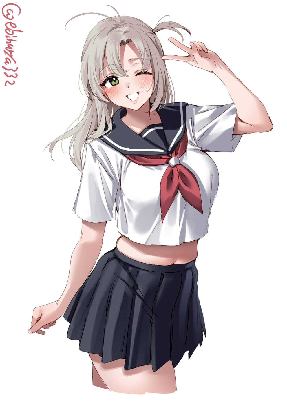 ebifurya, kinugasa (kancolle), kantai collection, commentary request, highres, 1girl, antenna hair, arm up, artist name, blush, breasts, cropped legs, curtained hair, green eyes, grey hair, hair between eyes, large breasts, long hair, looking at viewer, miniskirt, neckerchief, one-hour drawing challenge, one eye closed, one side up, parted bangs, pleated skirt, red neckerchief, sailor collar, shirt, short sleeves, sidelocks, simple background, skirt, smile, solo, thighs, twitter username, v, white background, white shirt