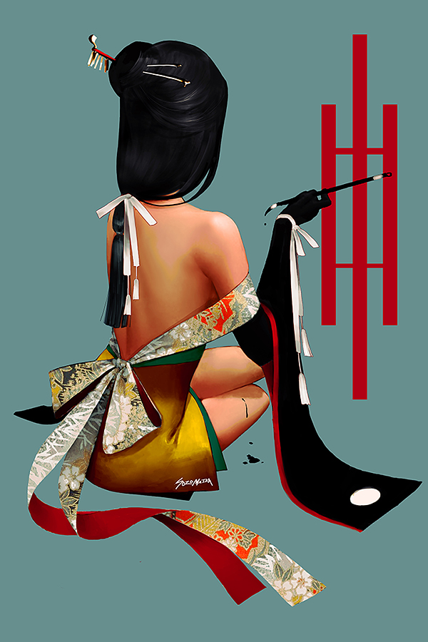 sozomaika, original, commentary, english commentary, 1girl, aqua background, artist name, bare back, bare shoulders, black gloves, black hair, from behind, gloves, hair ornament, hair stick, holding, holding brush, japanese clothes, kimono, off shoulder, simple background, sitting, solo