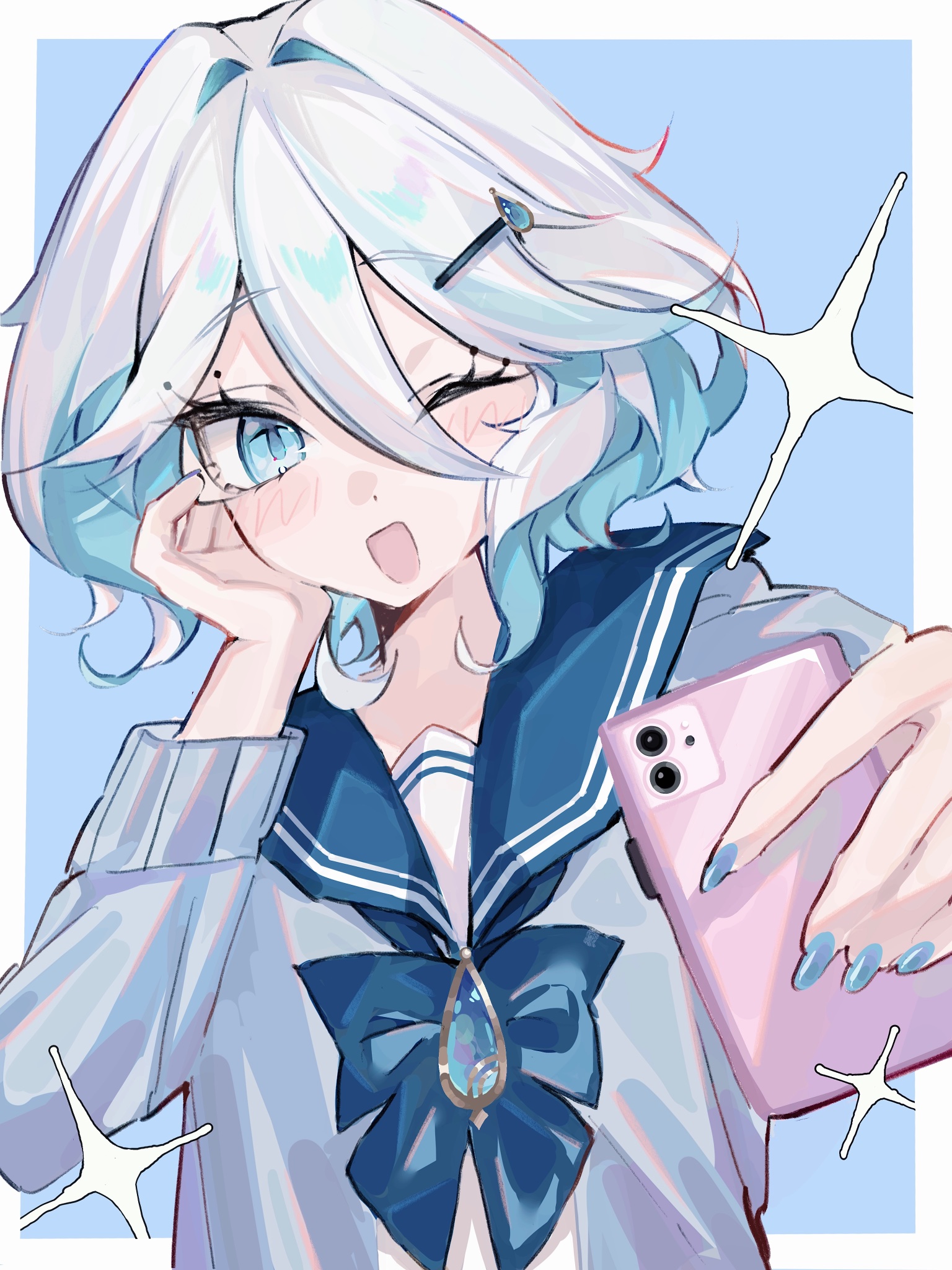 furina (genshin impact), genshin impact, highres, 1girl, alternate costume, blue bow, blue eyes, blue gemstone, blue hair, blue nails, blue sailor collar, bow, drop-shaped pupils, eyelash ornament, gem, gloves, hair between eyes, haru 1un, holding, holding phone, multicolored hair, one eye closed, open mouth, phone, sailor collar, shirt, short hair, smile, solo, streaked hair, symbol-shaped pupils, white hair, white shirt