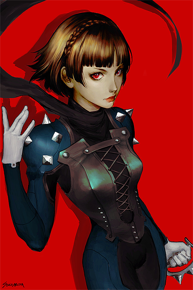 sozomaika, niijima makoto, persona, persona 5, 1girl, artist name, braid, breasts, brown hair, closed mouth, crown braid, gloves, medium breasts, red background, red eyes, scarf, short hair, simple background, solo, spiked knuckles, white gloves