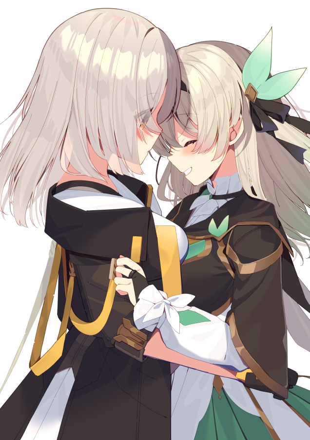 koori, firefly (honkai: star rail), stelle (honkai: star rail), trailblazer (honkai: star rail), honkai: star rail, honkai (series), 2girls, hair ornament, hug, jacket, multiple girls, open clothes, open jacket, short sleeves, skirt, smile, yellow eyes