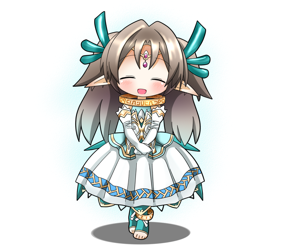 misaku (neko5656), emil chronicle online, 1girl, ^ ^, anklet, bare shoulders, brown hair, chibi, circlet, closed eyes, dress, elbow gloves, gloves, green dress, horns, jewelry, large collar, long hair, open mouth, pointy ears, seahorse alma, sleeveless, sleeveless dress, smile, solo, standing, twintails, two-tone dress, white background, white dress, white gloves