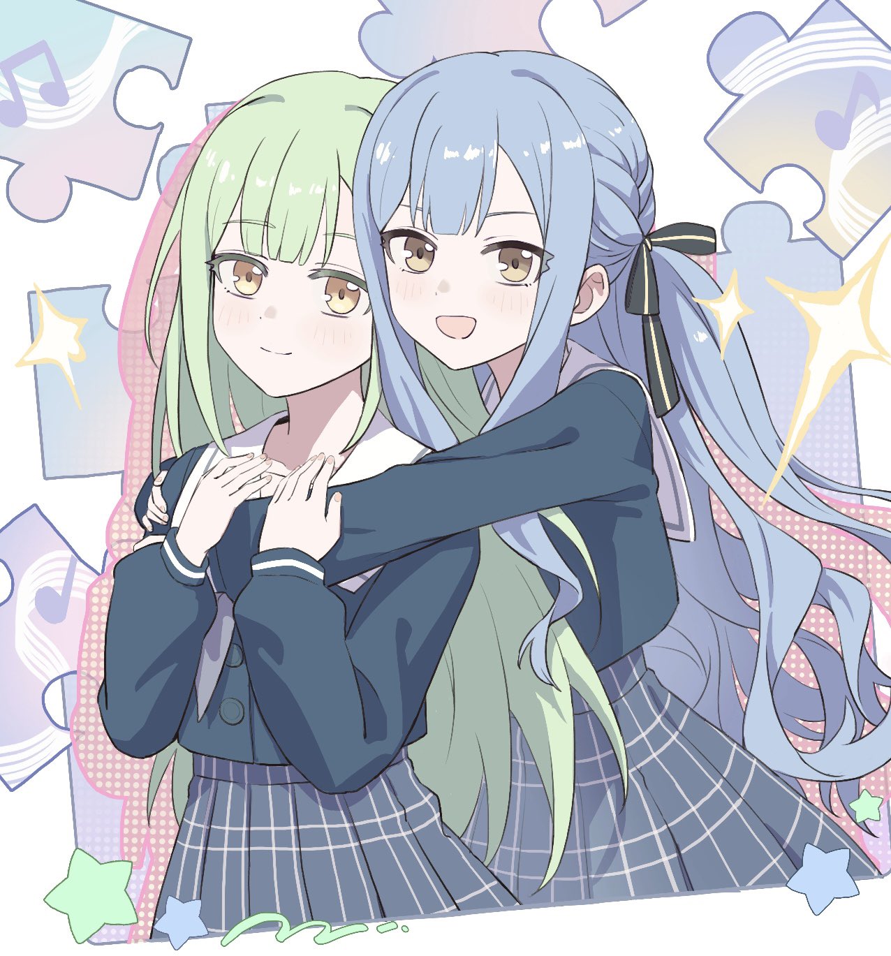 togawa sakiko, wakaba mutsumi, bang dream!, bang dream! it's mygo!!!!!, highres, :d, black ribbon, blue hair, blue shirt, dress, green hair, hug, hug from behind, open mouth, plaid clothes, plaid dress, puzzle piece, ribbon, saffron114214, sailor collar, school uniform, shirt, smile, tsukinomori school uniform, white sailor collar, yellow eyes