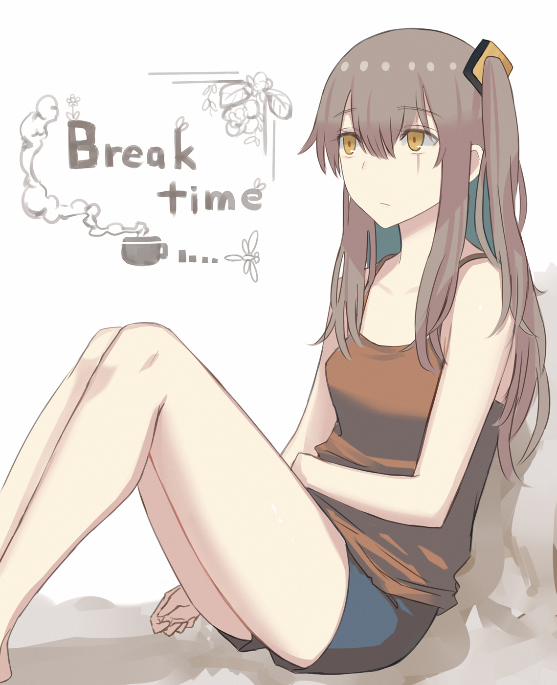 asakiri koko, ump45 (girls' frontline), girls' frontline, commentary request, highres, 1girl, alternate costume, black shorts, breasts, brown hair, camisole, casual, collarbone, double-parted bangs, english text, feet out of frame, from side, gradient background, grey background, hair between eyes, long hair, long sidelocks, one side up, orange camisole, pout, scar, scar across eye, scar on face, shadow, short shorts, shorts, sidelocks, sitting, small breasts, solo, spaghetti strap, white background, yellow eyes