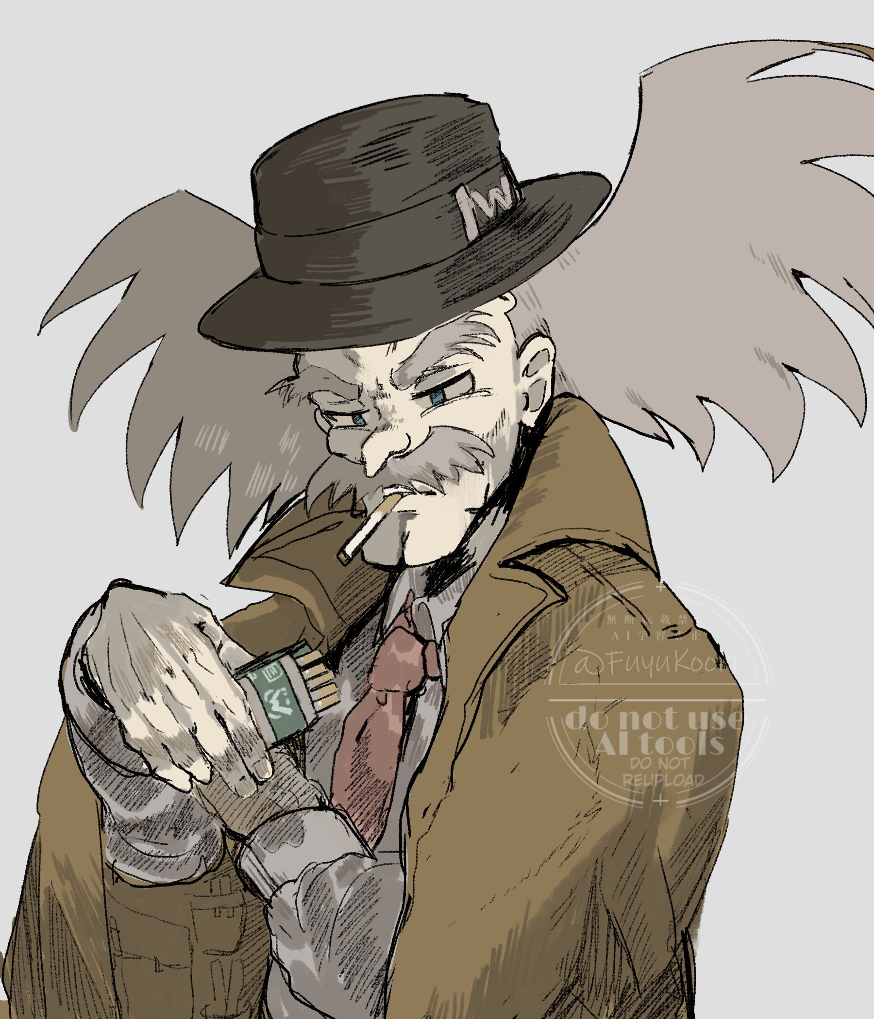 srnhuyuno, dr. wily (mega man), mega man (classic), mega man (series), highres, 1boy, blue eyes, brown coat, cigarette, cigarette pack, coat, facial hair, grey background, grey hair, male focus, mustache, necktie, old, old man, red necktie, shirt, simple background, solo, upper body, white shirt