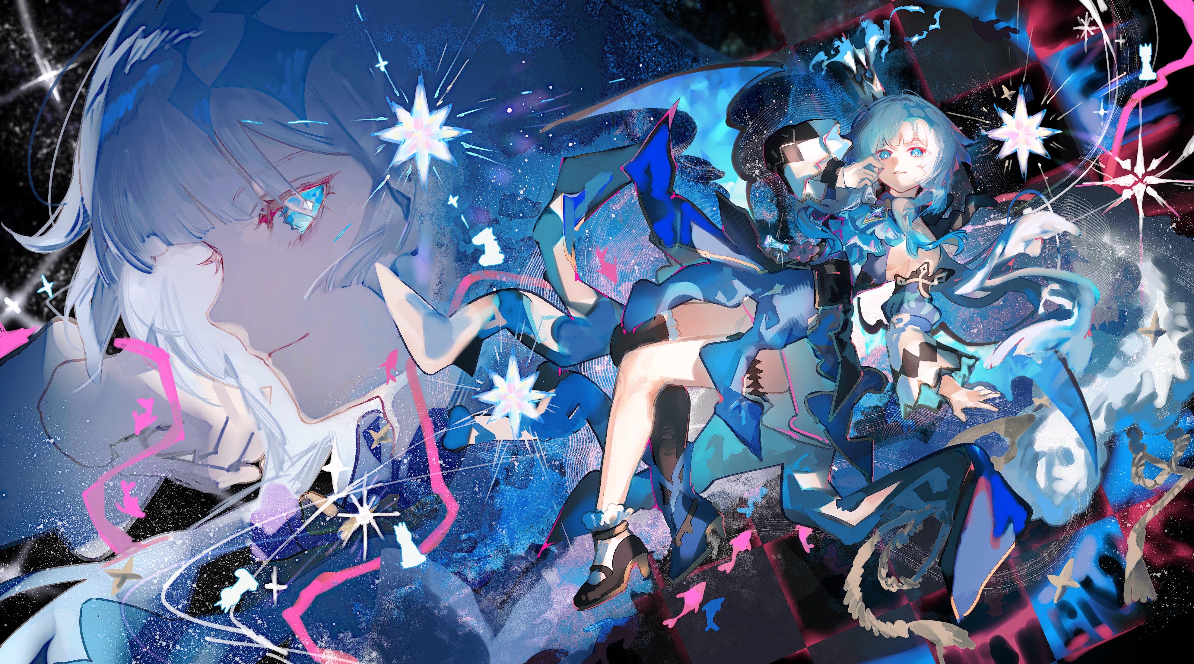 dichlorvos, cerydra (honkai: star rail), honkai: star rail, honkai (series), absurdres, highres, 1girl, asymmetrical footwear, asymmetrical legwear, black thighhighs, blue dress, blue eyes, blue hair, bright pupils, closed mouth, crown, detached sleeves, dress, grey hair, high heels, long hair, long sleeves, looking to the side, mini crown, mismatched footwear, mismatched legwear, multiple views, parted lips, shoes, smile, socks, thighhighs, white pupils, white socks