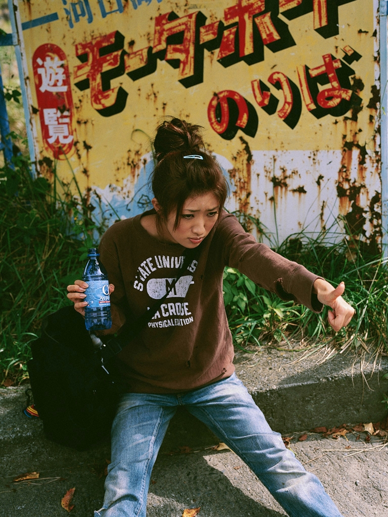 ando sayaka, photo (medium), bag, bottle, denim, jeans, pants, satchel, sweater, water bottle
