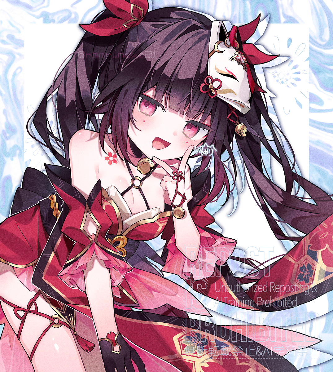 eringikinono, sparkle (honkai: star rail), honkai: star rail, honkai (series), commentary, highres, 1girl, bell, black gloves, blue border, border, breasts, brown hair, cleavage, detached sleeves, flower tattoo, fox mask, gloves, japanese clothes, kimono, leaning forward, long hair, looking at viewer, mark under both eyes, mask, mask on head, medium breasts, neck bell, pink eyes, red kimono, shoulder tattoo, simple background, single glove, smile, solo, tattoo, twintails, v, watermark, white background