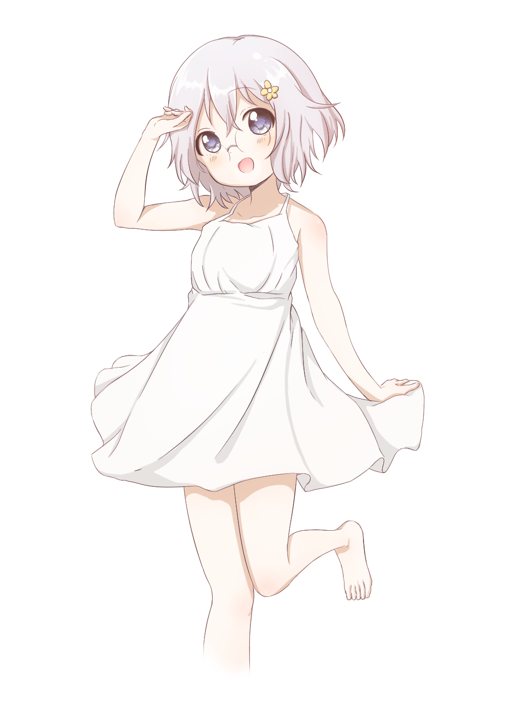 minatsuki hitoka, ikeda chitose, yuruyuri, highres, :d, bare shoulders, blue eyes, dress, flat chest, glasses, hair ornament, hairclip, hand up, head tilt, holding cloth, leg up, looking at viewer, open mouth, rimless eyewear, round eyewear, short dress, short hair, simple background, sleeveless, sleeveless dress, smile, sundress, tareme, white background, white dress, white hair