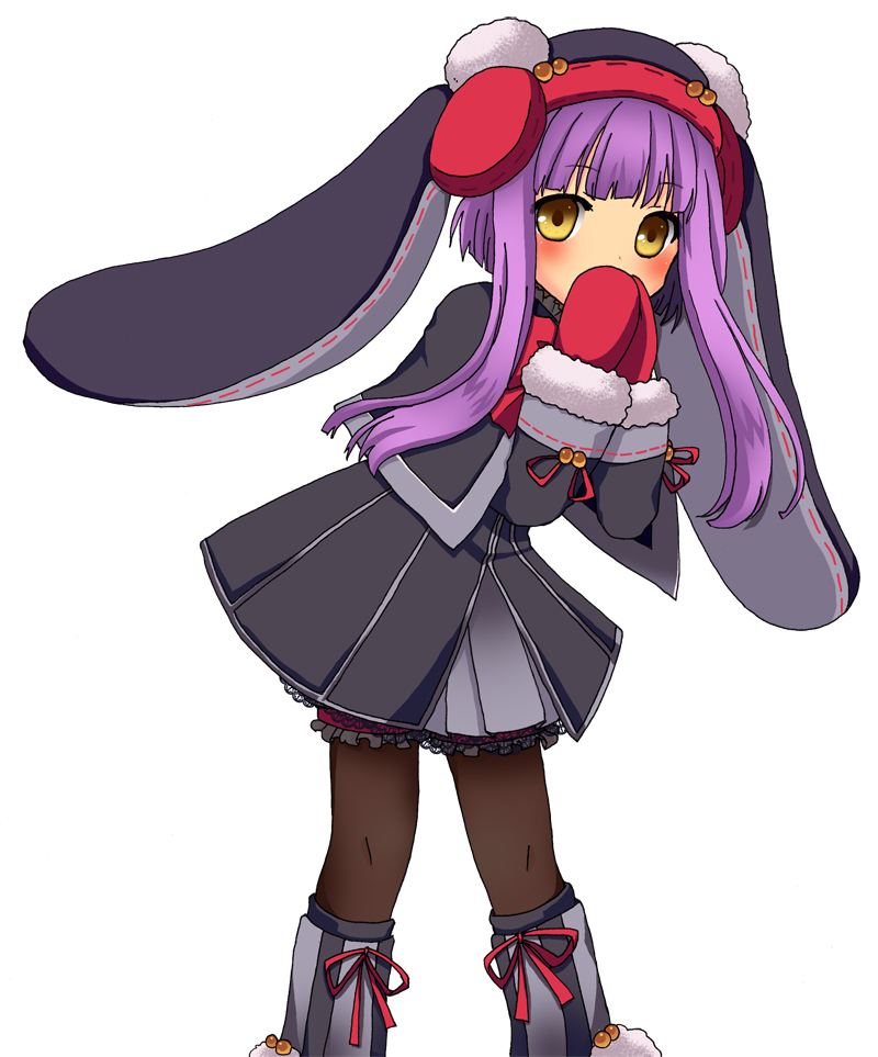 boss (non title), pepen alma, emil chronicle online, puzzle & dragons, 1girl, animal hood, black capelet, black coat, boots, capelet, coat, covering own mouth, frilled thigh strap, gloves, grey boots, grey skirt, hood, long sidelocks, neck ribbon, pantyhose, penguin girl, penguin hood, purple hair, red gloves, red ribbon, ribbon, sidelocks, skirt, solo, thigh strap, white background, winter uniform, yellow eyes