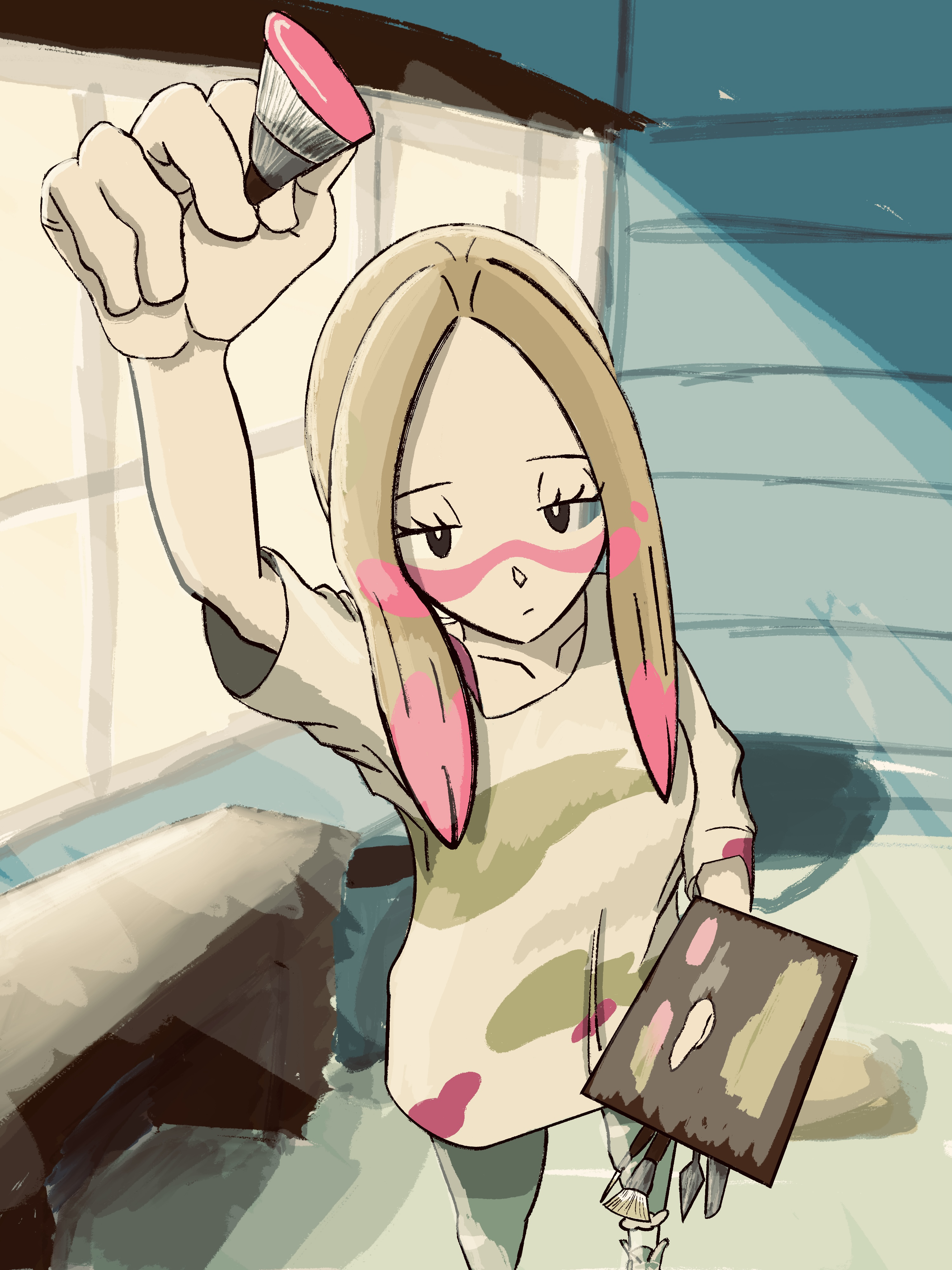 enma (ennma2525), mina (pokemon), nintendo, pokemon, pokemon sm, absurdres, highres, 1girl, arm up, blonde hair, bright pupils, closed mouth, colored tips, expressionless, eyelashes, facepaint, foreshortening, holding, holding paint palette, holding paintbrush, indoors, long hair, multicolored hair, paint on clothes, paint palette, paintbrush, shirt, short sleeves, sidelocks, solo, white pupils, white shirt