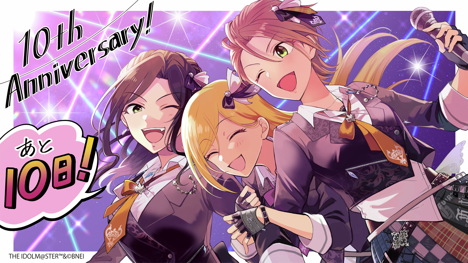 fujimoto rina, kimura natsuki, mukai takumi, idolmaster, idolmaster cinderella girls, idolmaster cinderella girls starlight stage, highres, 3girls, anniversary, belt, black gloves, black jacket, blonde hair, blush, breasts, brown hair, countdown illustration, gloves, green eyes, gyaru, hair down, holding, holding microphone, idol, jacket, large breasts, long hair, microphone, multiple girls, next frontier (idolmaster), plaid clothes, plaid skirt, short hair, skirt, smile, stage lights, studded belt