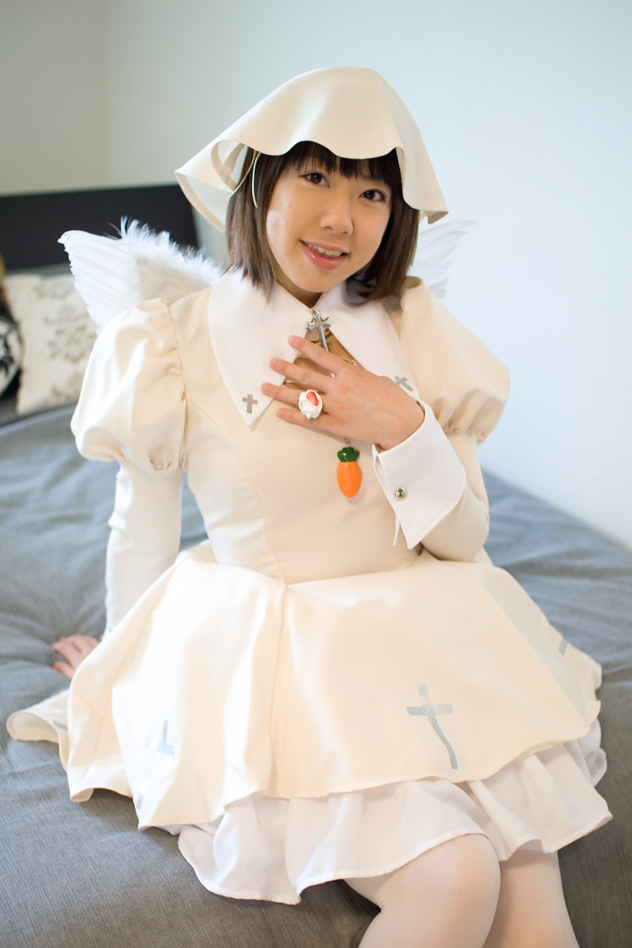 character request, highres, photo (medium), source request, bed, carrot, cosplay, dress, wings