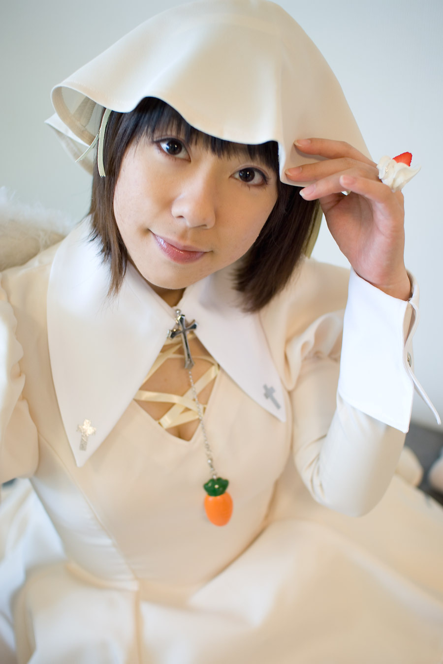 character request, highres, photo (medium), source request, bed, carrot, cosplay, dress, wings